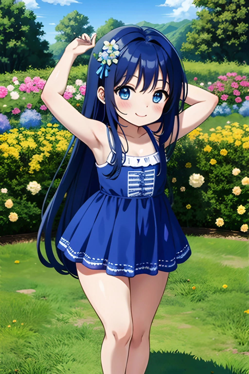 1girl, solo, inspired by Celine from To Love Ru, baby, toddler, Height 47cm, royal blue eyes, dark blue hair, very long hair, large Royal blue flower on top of her head, happy, smiling, cute, in the garden, small curvy , loliy
