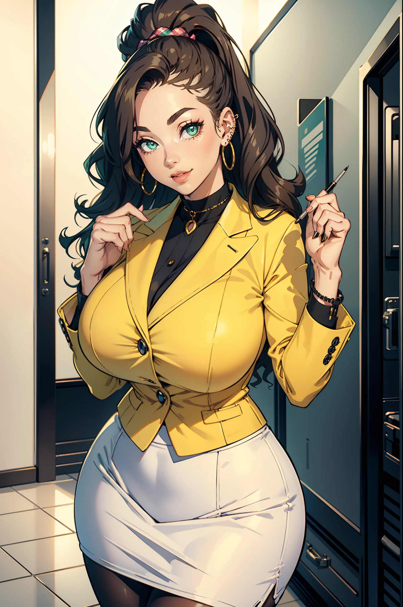 Best quality, solo mature woman, giant breasts, giant ass, very curvy, wavy hair in high pony, green eyes, full lips, seductive, pale yellow plaid blazer, white turtle neck, tight pencil skirt, hair bow, cute smile, curvy physique, flowery choker, multiple piercings, bimbo