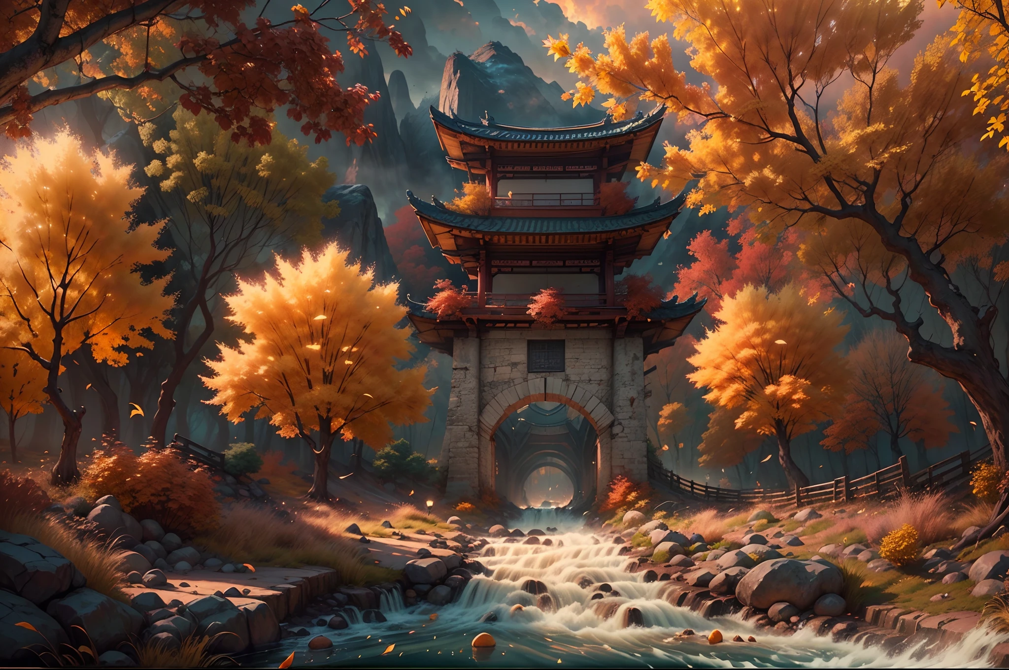 (Autumn landscape, the setting sun, small bridges, flowingwater, Small courtyard, Small roads, The afterglow of the setting sun shines through the clouds, Fluttering yellow leaves,), (The arch bridge spans the creek, The river meanders into the distance:1.1), (A white horse looks down and grazes:1.1), (The vista is an oblique view of the sunset, Autumn tones), Ancient Chinese landscape painting style, Warm colors, ((tmasterpiece)), (A complete painting), Extremely detailed picture, light and shadow effect, lighting, cinema4d, Light particle tracing, rendering by octane, Unreal 5, Layered artistic effects, Best Painting, Master painting, photorealestic, realisticlying, Ghibli-like colors, Cinematic lighting, angle of view, 8K, Anatomically correct