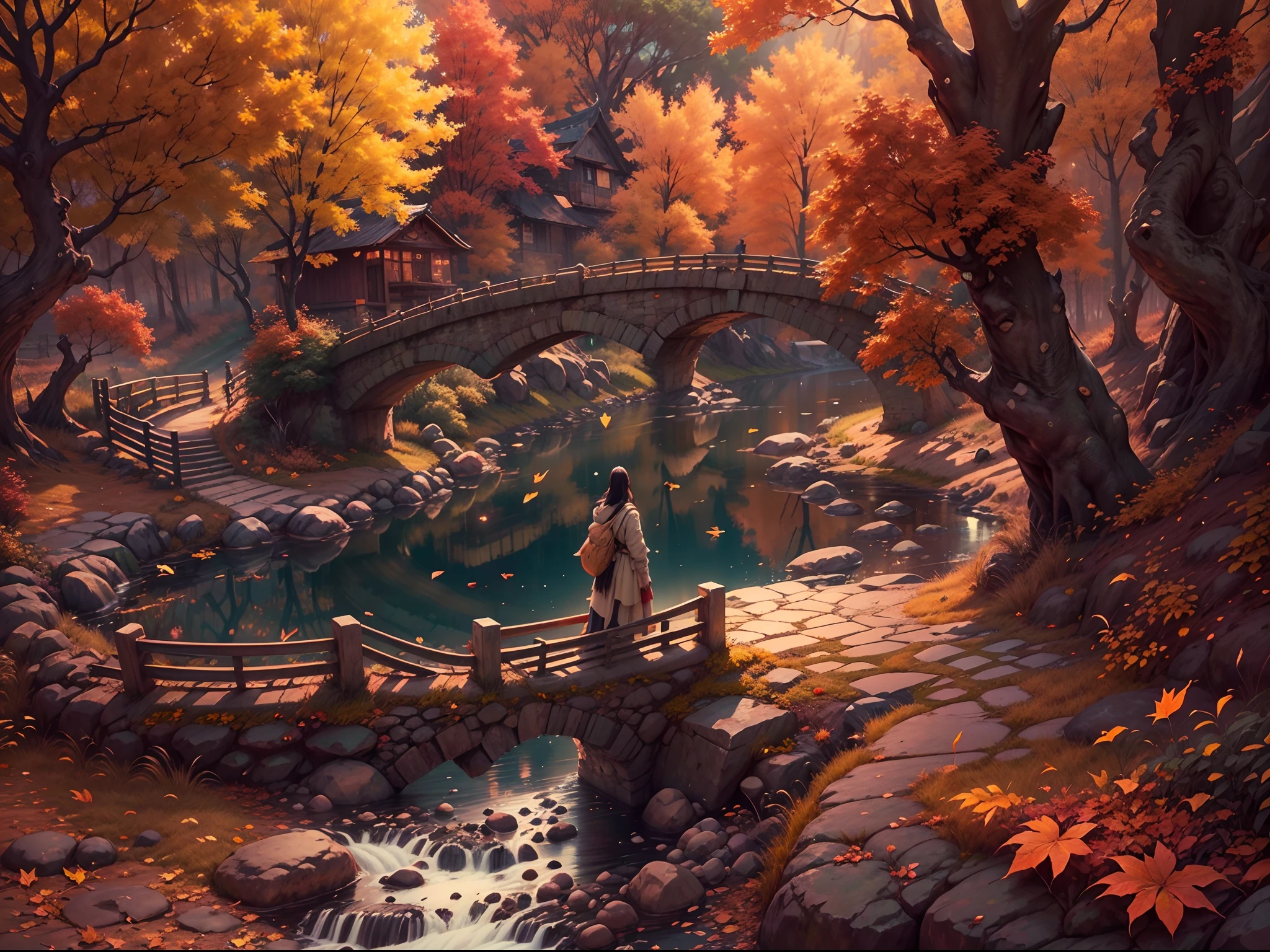 (Autumn landscape, the setting sun, small bridges, flowingwater, courtyard, Trail roads, The afterglow of the setting sun shines through the clouds, Fluttering yellow leaves, Depression view), (The arch bridge spans the creek, The river meanders into the distance:1.1), (A white horse looks down and grazes:1.1), (The vista is an oblique view of the sunset, Autumn tones), Ancient Chinese feng shui landscape painting style, Warm colors, ((tmasterpiece)), (A complete painting), Extremely detailed picture, light and shadow effect, lighting, cinema4d, Light particle tracing, rendering by octane, Unreal 5, Layered artistic effects, Best Painting, Master painting, photorealestic, realisticlying, Ghibli-like colours, cinematic lighting, pov, 8K, anatomically correct, super detai