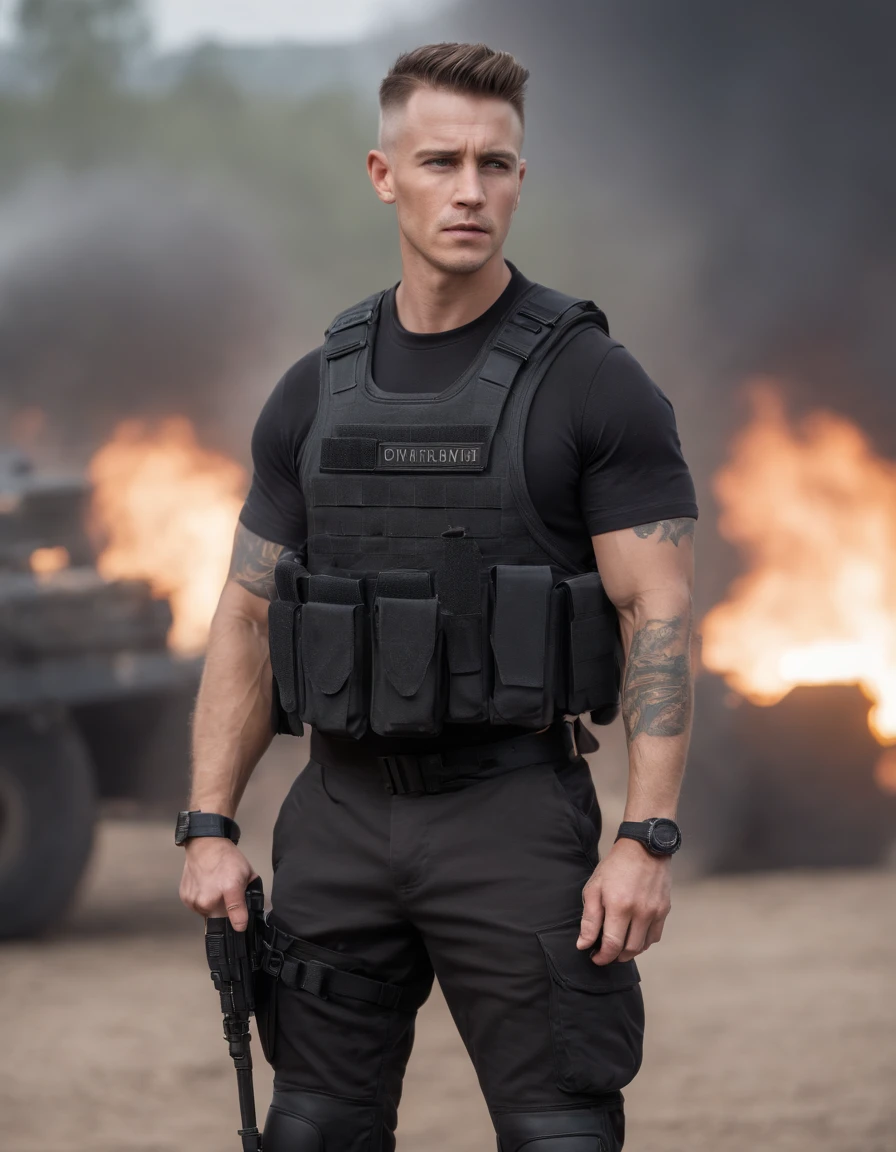 Half body, a military contractor, male, short Mohawk, trained body, tattoo, black combat suit, cargo pants, black tactical vest loaded with magazine, black holster loaded with pistol, tactical boots, black SUV background