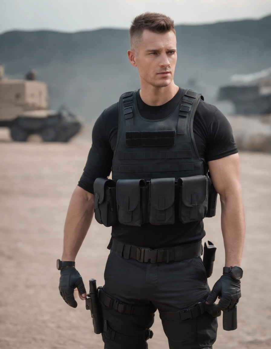 Half body, a military contractor, male, short Mohawk, trained body, tattoo, black combat suit, cargo pants, black tactical vest loaded with magazine, black holster loaded with pistol, tactical boots, black SUV background