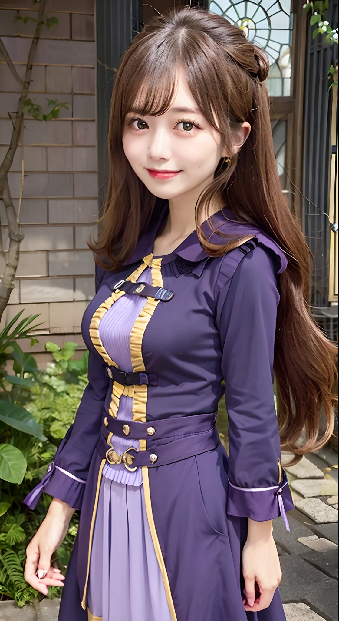 Purple_long_sleeves_robe、(Purple_Skirt)、
jewely、耳Nipple Ring、gloves、
(brown_long_hair)、brown_Eyes、
looking at viewerer、8K Picture Wallpaper、Perfect litthing、colourfull、Bright_front_Face_Lighting、
(​masterpiece:1.0)、(best_quality:1.0)、超A high resolution、4K、The ultra-detailliert、
Photo Shot、8K、nffsw、hight resolution、absurderes:1.2、a smile