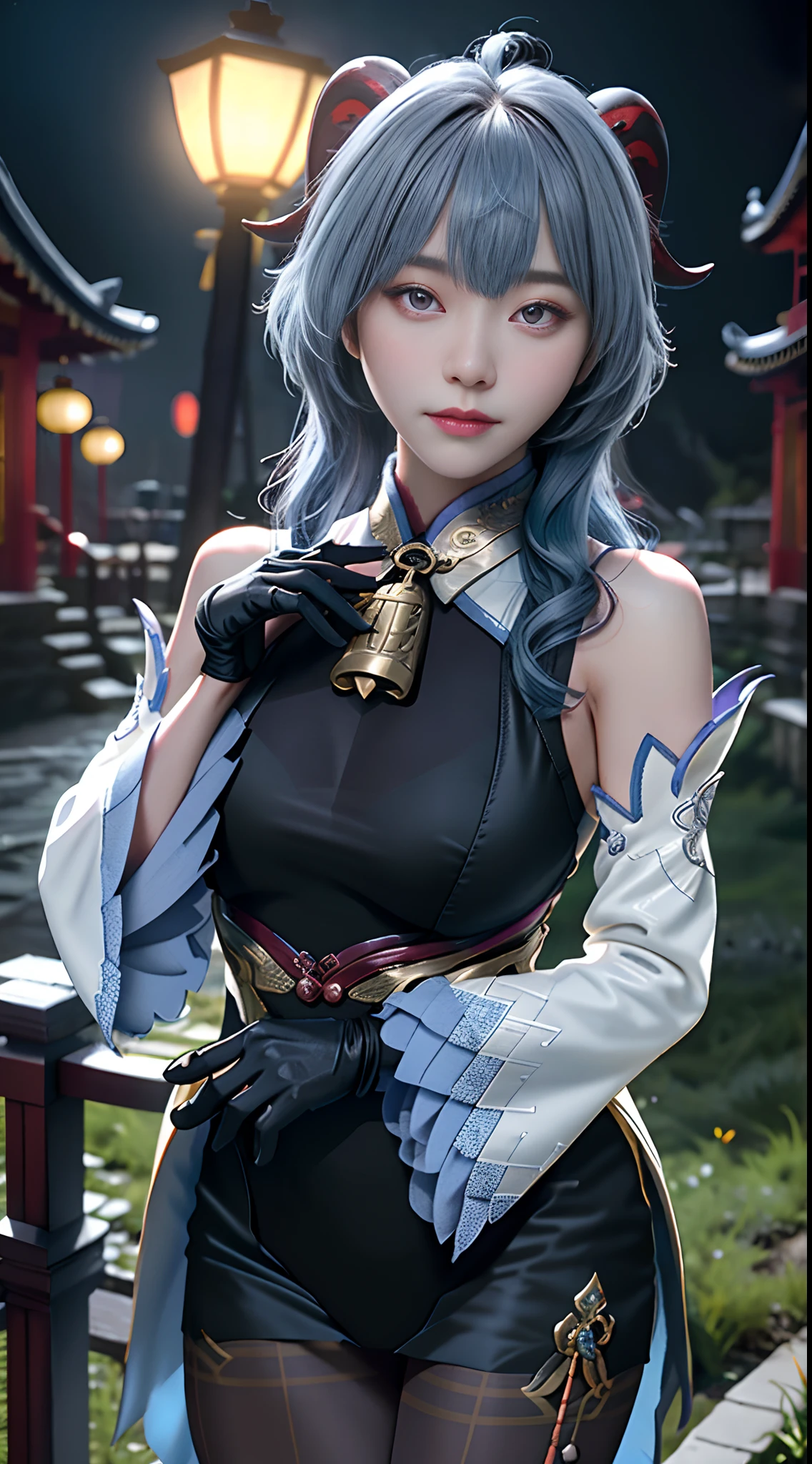 Masterpiece, (Photorealistic:1.5), Best quality, Beautiful lighting, Real life, Ganyu \(Genshin Impact\), 1girll, ahoge, architecture, bangs, Bare shoulders, bell, Black gloves, Black pantyhose, (Blue hair), Blush, Breasts, Chinese knot, Detached sleeves, east asian architecture, flower knot, mitts, Horns, Long hair, view the viewer, Medium breasts, Neckbells, Night, Outdoors, Pantyhose, Purple eyes, side locks, Solo, nipple tassels, White sleeves, (Ulzzang-6500:0.5) , Intricate, High detail, Sharp focus, Dramatic, Beautiful girl , (RAW photo, 8K UHD, filmgrain), Caustics, Subsurface scattering, Pondering ,