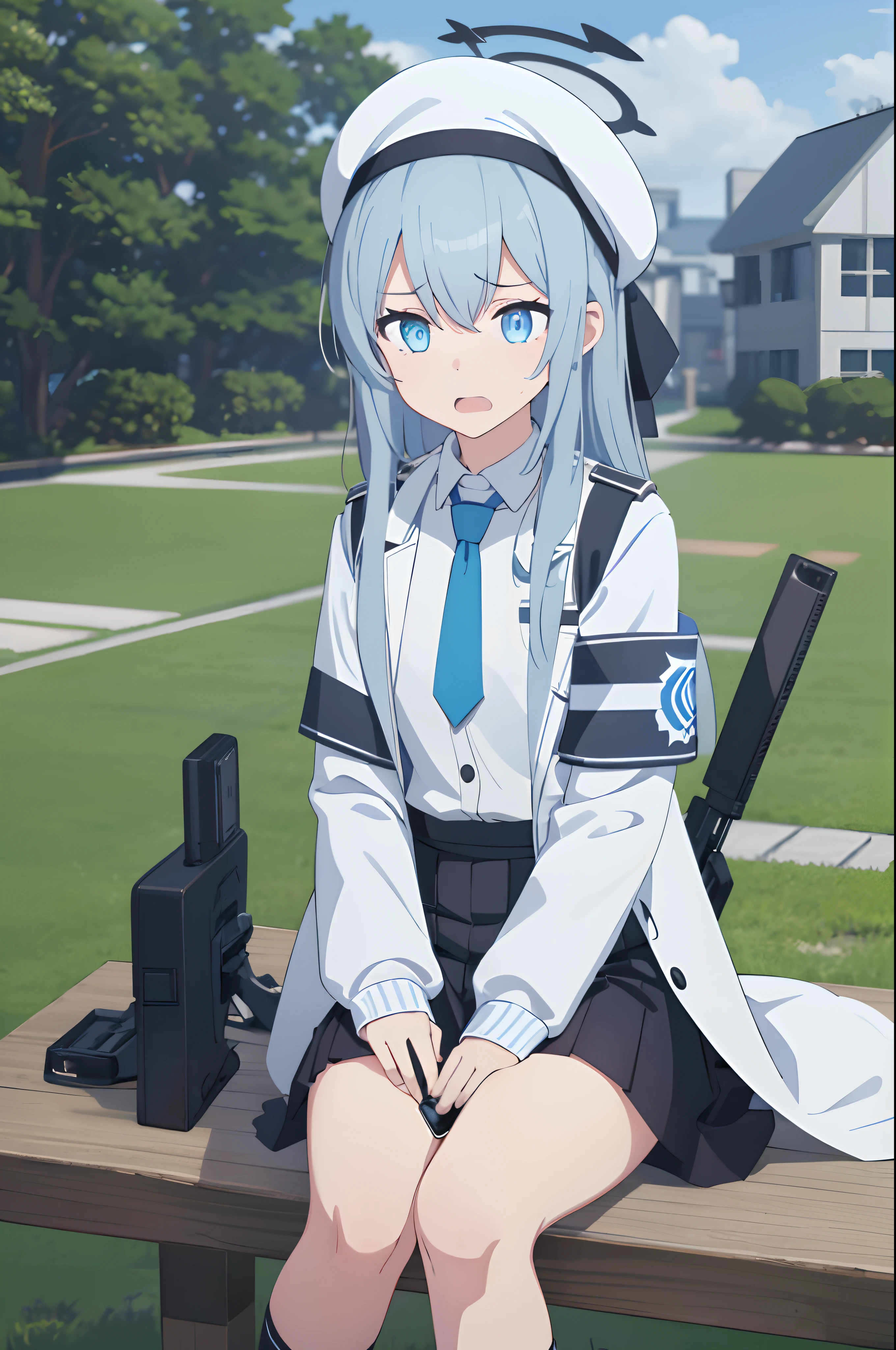 1girl, white messenger hat with black stripe, white captain hat, pastel blue hair, light hair, messy hair, messy long hair, white coat, black armband, council armband, white uniform with light blue vest, light blue vest, open coat, black uniform collar, black collar, black small tie, id strap, Individual Development strap, black medium skirt, black plaid skirt, white small socks, black rubber shoes, extremely shy, nervous, holding phone, holding tablet, radar tablet, looking, school yard, sunny cloudy, sitting, surprised, nervous eyes, cat eyes, black halo with blue stripe, blue vest, shocked eyes, very shy, very nervous, shocked eyes, open mouth, surprise, woah, huh?!?!, what, school yard, grass, field, disturbed, playing, defeat, sob