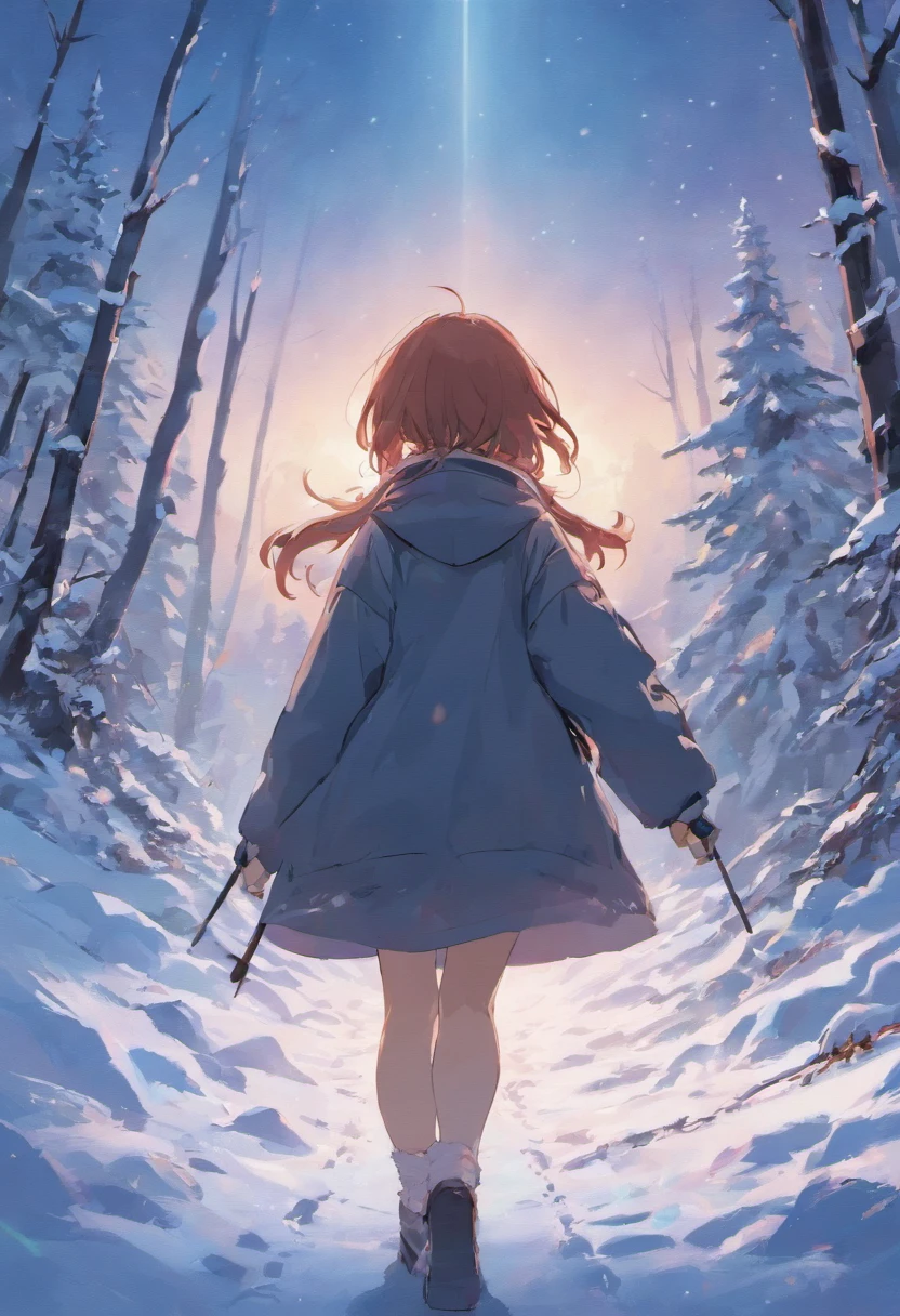 Broad lens,A girl walks towards the top of a snowy mountain,Back Shadow,Go ahead,full bodyesbian,mountain peaks,Solo,tmasterpiece,Beautiful