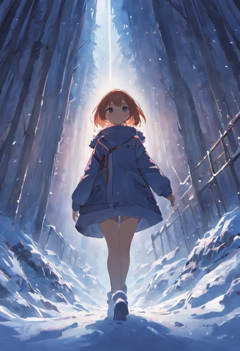 Broad lens，A girl walks towards the top of a snowy mountain，Back Shadow，Go ahead，full bodyesbian，mountain peaks，Solo，tmasterpiece，Beautiful