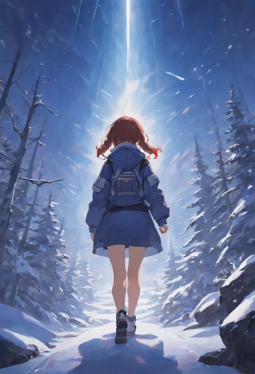 Broad lens,A girl walks towards the top of a snowy mountain,Back Shadow,Go ahead,full bodyesbian,mountain peaks,Solo,tmasterpiece,Beautiful