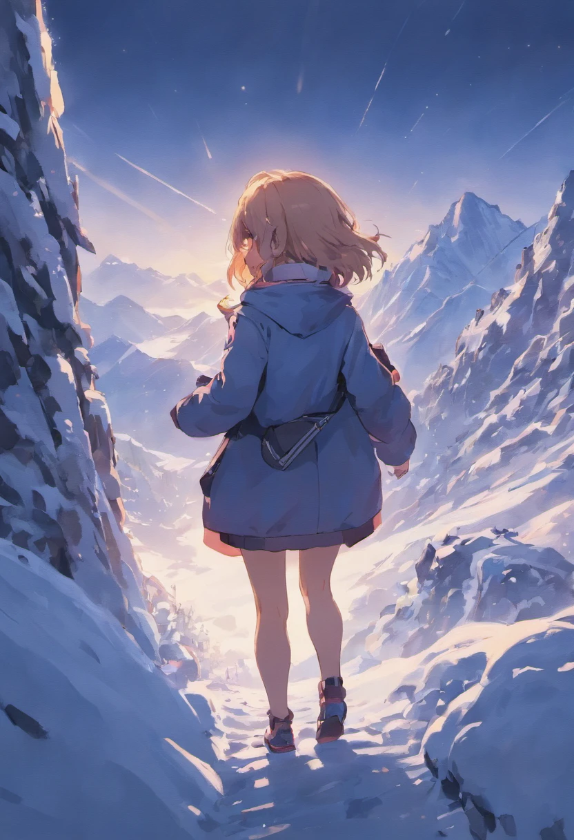 Broad lens，A girl walks towards the top of a snowy mountain，Back Shadow，Go ahead，full bodyesbian，mountain peaks，Solo，tmasterpiece，Beautiful