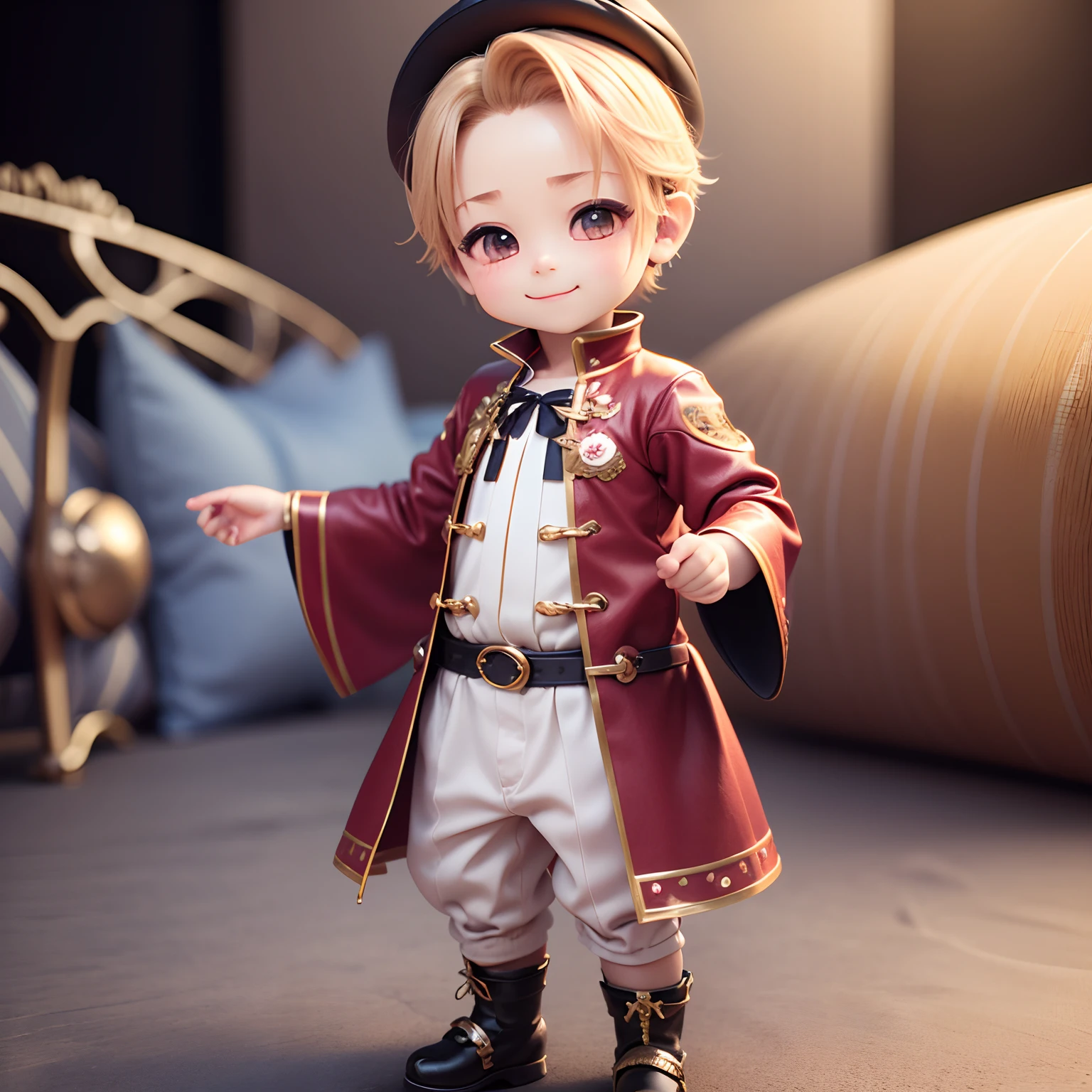 (sfw:1.2), the best quality, masterpiece, a boy, (C4D), 3D rendering, with a little red riding hood, brown color, yellow shirt, brown shorts, slippers, Christmas hat, holding Christmas socks, Christmas gifts, snowflakes, short brown hair, Nike shoes, facing the audience, smiling, happy