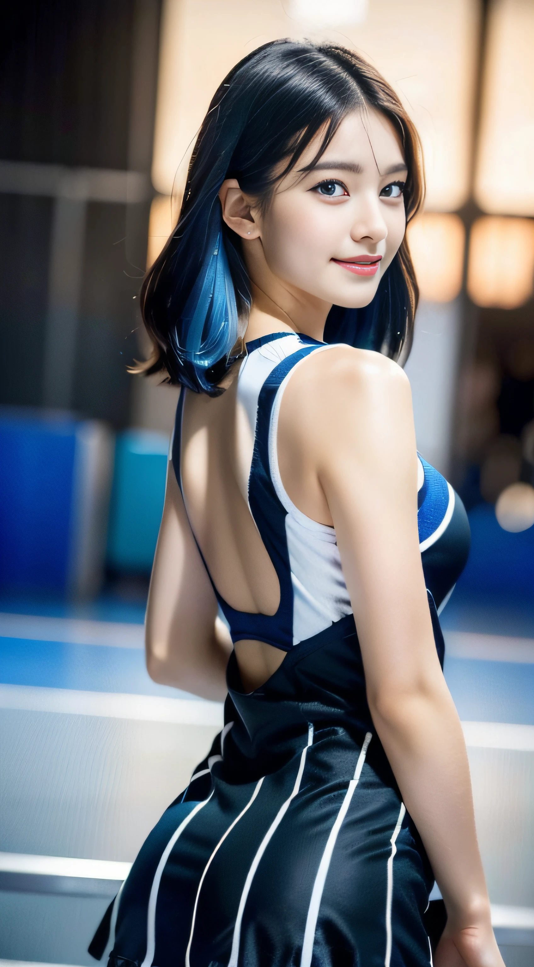 (((32K,very high res, high detailing, highly accurate,Masterpiece Girl 1))),Raw photo & realistic atmosphere,beautiful dark blue eyes,Detailed mouth,Glossy lips,Detailed eyebrows,Soft white skin that shines with every detail,,Eyes drawn in detail、Very beautiful eyes with azure eyes,Detailed lips、Very beautiful face,Very well-formed face、Lifelike face,shiny beautiful lips,Beautiful eyebrows,Infinite reality,Best design,(Insanely cute Japan 17 year old girl,Healthy style,Beautiful breasts with big breasts,Very cute beautiful girl,:1.1),Best Natural Makeup,Japanese ido,Korean Idols,Japan Cheer Girl,Korean Cheergirls,Moist eyes,Dark beautiful eyes,Beautiful butt,beauty legs,,camel's foot,,Skinny Fingers,Detailed beautiful legs:1.3),超A high resolution、,Natural and realistic face,Back lighting,Pure eyes are too cute,(((photorealisim))),Reality Live Action,(Simple piercing,Glossy nail art:1.1),(short hair with shiny blue hair,Horizontal marshalling,独奏,natural make up:1.3),(Beautiful cheerful girl,Packed match venues:1.3),(Full Body Costume Display,Photograph the whole body,I'm cheering for you cheerfully,Colorful and sexy cheergirl costume in silver and black and white tones with high detail design,Sexy cheergirl costume with a lot of exposure,Cheerful and sexy cheergirls,High Definition High Resolution Very Beautiful and Cute 17 Year Old Cheering Cheering Figure Cute Cheering,hair pin,hair adornments,hairaccessories,Micro mini skirt slouch,Bend forward,Show me your ass on all fours,Beautiful butt,sideways Facing:1.5)