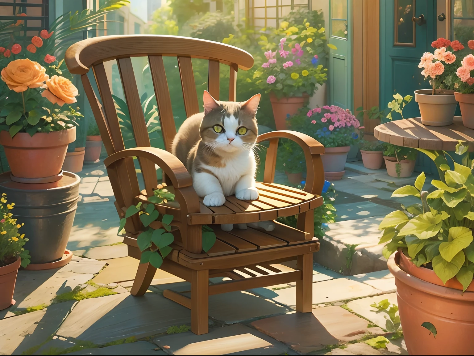 A round-eyed cat sits in a chair,There was a cup of latte coffee on the table, In the courtyard,There are flower pots.Sunlight slanting.