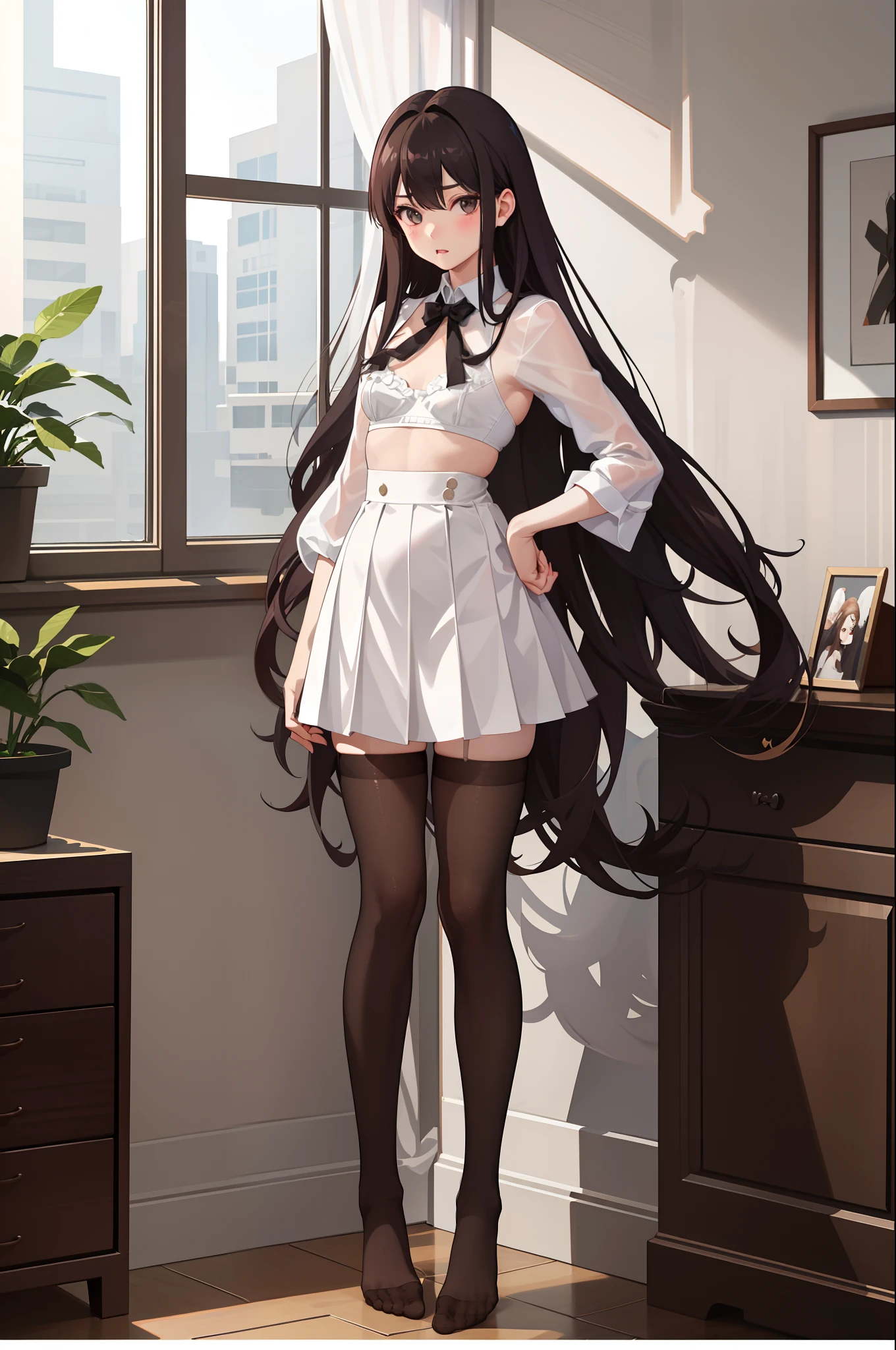 Full body of one schoolgirl、Standing on your own feet、brown haired、Longhaire、blushing、mouth slightly open、small tits、Black sheer stockings without shoes、She wears pure white under her stockings.、Pure white blouse、Pure white bra、Pure white underwear、inside in room、masterpiece、top-quality、best、超A high resolution、intricate-detail、An ultra-fine illustrations、perfect anatomia、Correct anatomy、perfectly proportions、face perfect、perfect hand、perfect leg、perfect fingers、18year old、