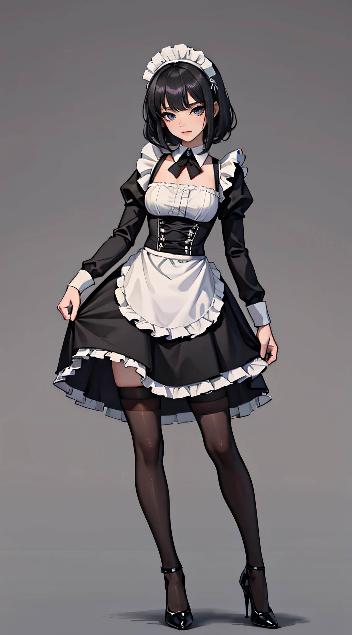 maid costume，blacksilk，Stand head-on，high-heels，full bodyesbian，greybackground