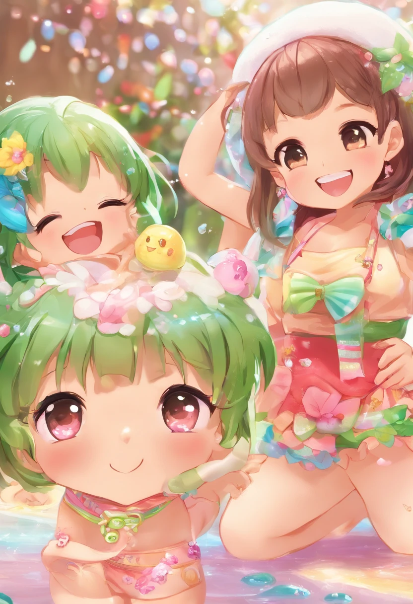 Full body front shot of several Chinese s, bright smile, Portlate、Kawaii-Gesichter、Aufnahme mit weichem Licht、Whole body like、Badeanstalt、Fluffy smile、auf Gruppenfoto、Gruppen-Selfies、duschen、wet body、Wasser spritzt aus der Dusche、helle Haut、Transparente Bademode、Composition including feet、Kahlköpfigkeit