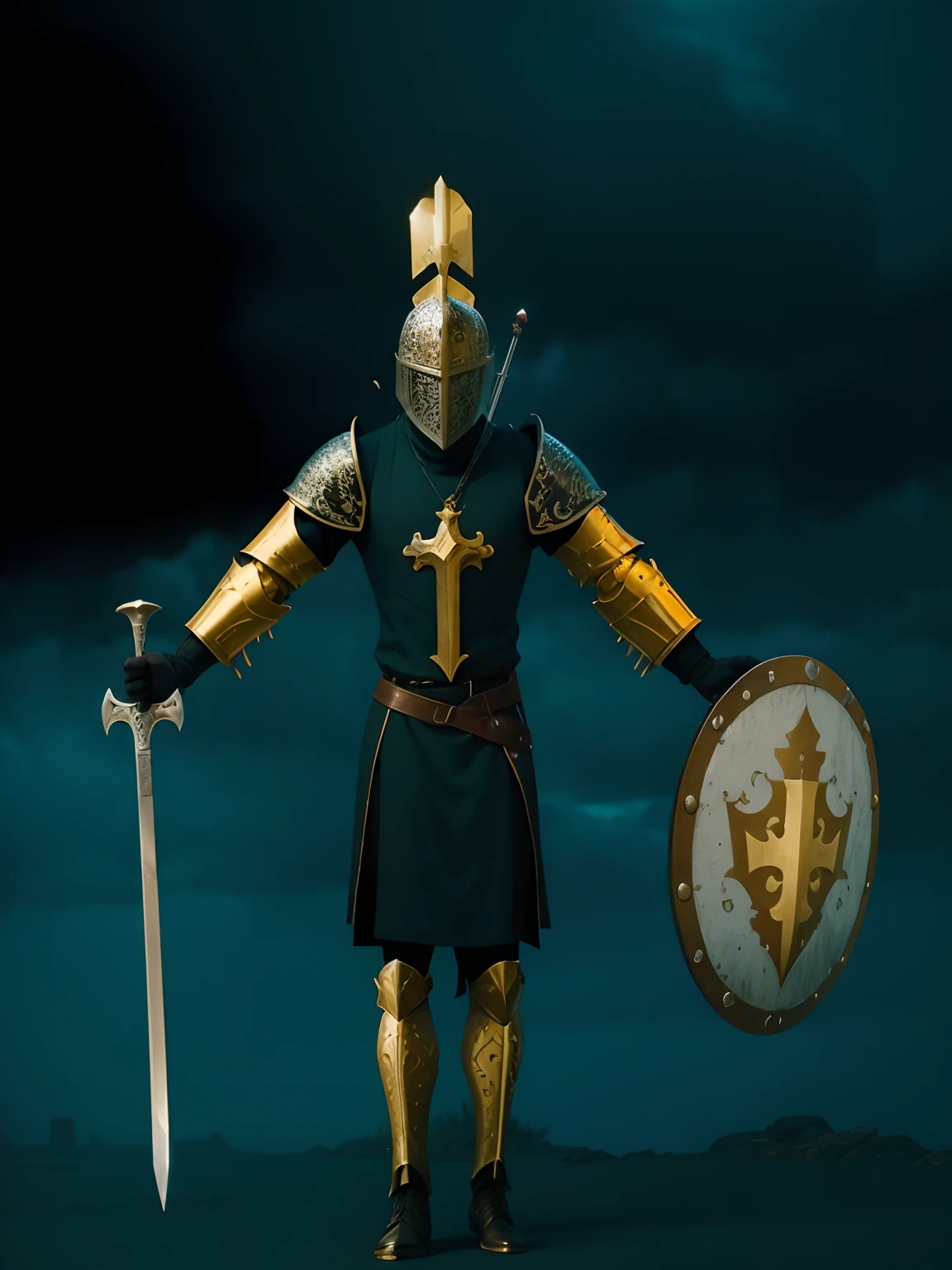 Great Handsome English Knight, Christian, chainmail, ruined castle in background, stormy weather, long shot, full body shot, wielding shield and sword, rendered in 24k resolution with intricate details and symbols.