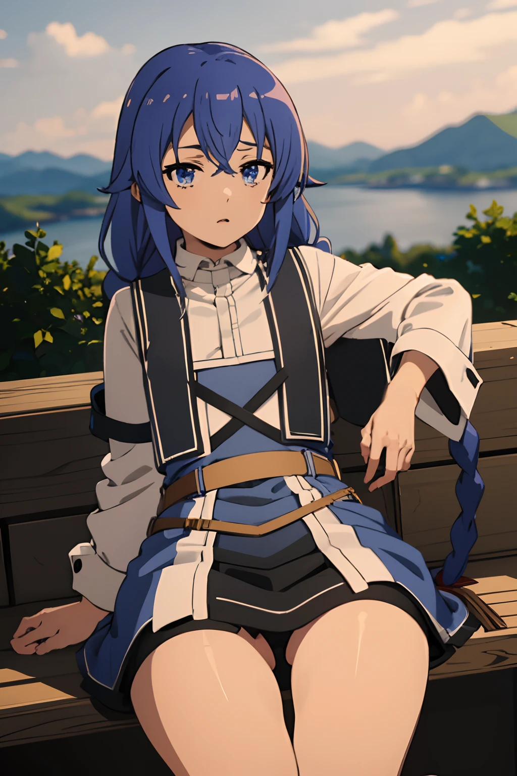 Roxy_Migurdia(mushoku tensei)、1girl, masterpiece、top-quality、Blue eyes、Crimson blue hair、double big braid, {fullnude}、{calm}、{Red blue pubic hair}、{{小柄}}、satori、{Calm}、deadpan、watching at viewers、{low angles}, {lowerbody}、NSFW, {{A sexy}}、Open legs,
