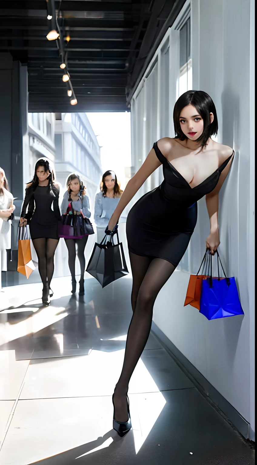 ((14 year old pre- girl)), tiny black dress with square neckline, cleavage breasts, black pantyhose up to the waist, high heels, leaning forward, photo of breasts in the face, very fair skin, short hair, shopping, photorealistic, indirect lighting, volumetric light, ray tracing, hyperdetailed