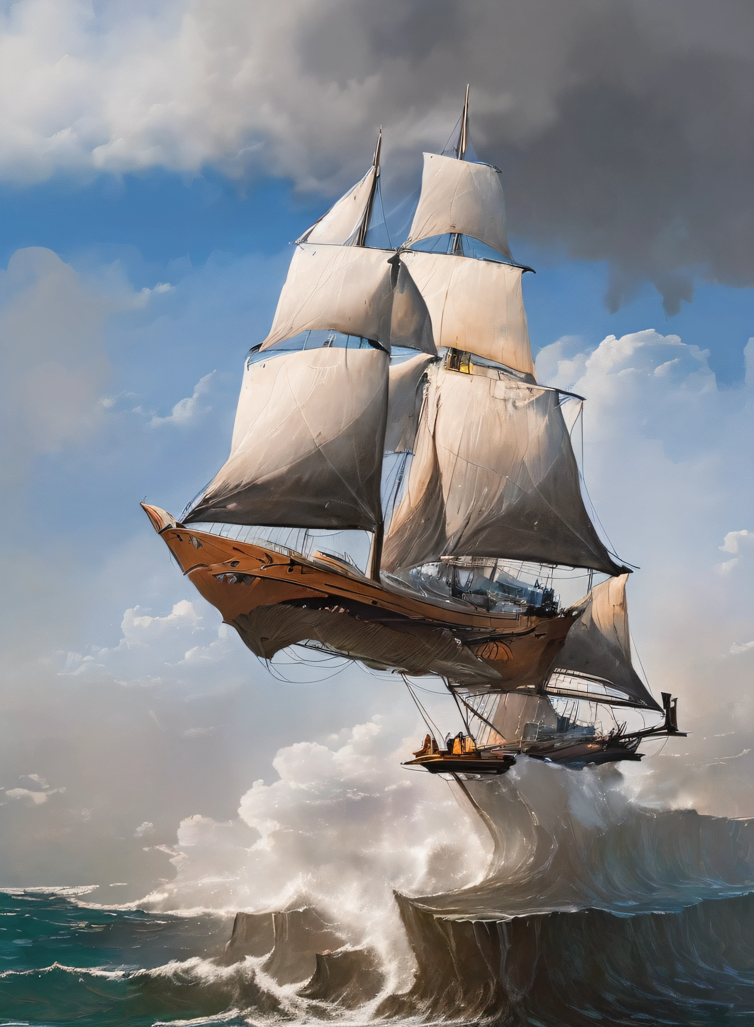 The futuristic super sailboat with the black hull flying through the clouds and far below the raging sea is very agitated by the huge waves breaking on the cliffs in the distance