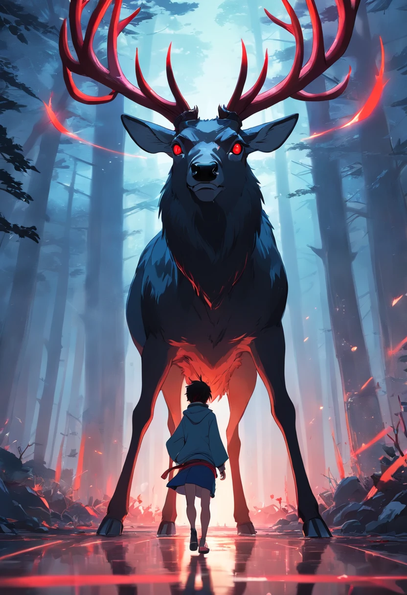 a detailed anime drawing of a huge strong ((black)) male deer with ((deep red eyes)) that gives off a dangerous aura with large dangerous antlers getting ready to attack