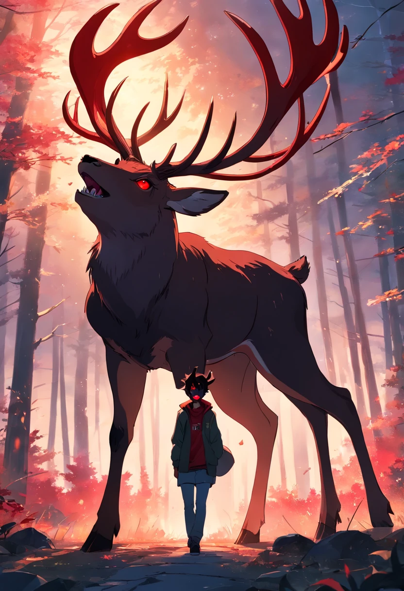 a detailed anime drawing of a huge strong ((black)) male deer with ((deep red eyes)) that gives off a dangerous aura  with large dangerous antlers getting ready to attack
