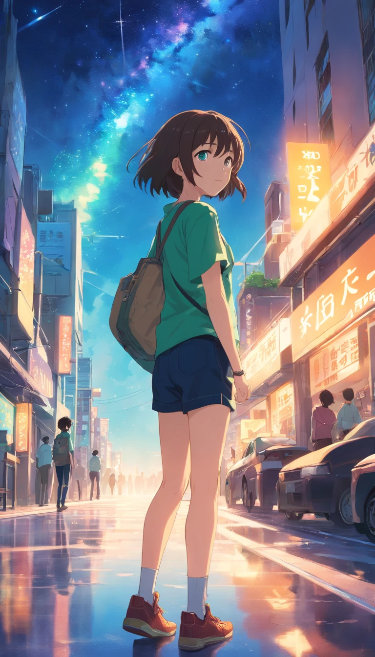 tmasterpiece、18yr old、pinging、Forehead、brunette color hair、Dark green T-shirt、The T-shirt has the Milky Way logo on it,Black shorts、Give bangs、Stick out your forehead、pinging、Detailed drawing of the eye、A handsome、Inside the city、starrysky、Mystical light、Dramaticlight、film effect、