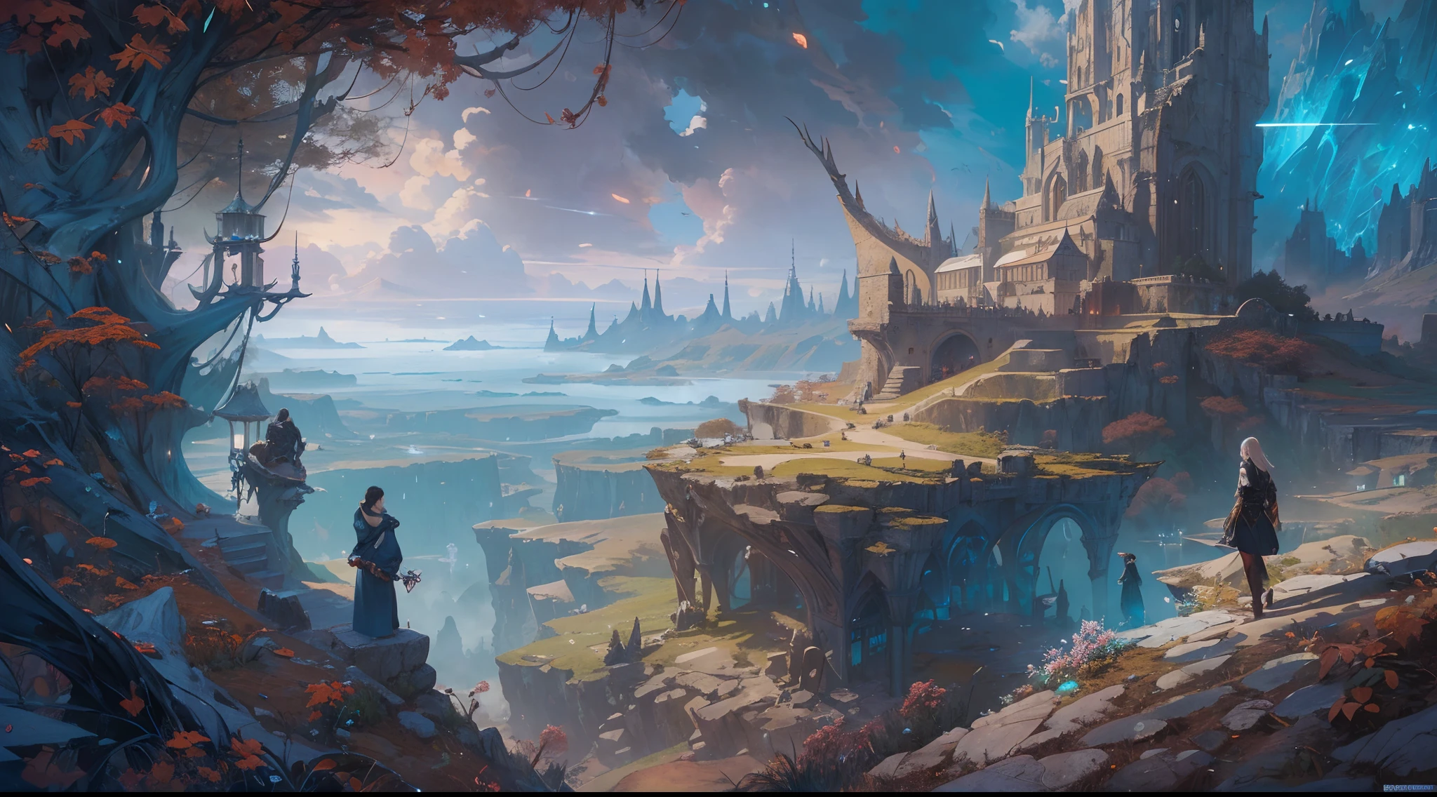 "(by Greg Rutkowski: 1.2), (masterpiece), (best quality), extremely delicate and beautiful, illustration, (fantasy landscape), A mesmerizing fantasy landscape with enchanting elements blending seamlessly. ((fantasy realm filled with fantasy creature)), huge crystal, adorned with vibrant blue hue glow reflecting off the surroundings. A sense of tranquility and wonder fills the air, inviting exploration and discovery. Providing a distant view that captures the grandeur and atmosphere. From Brian Froud and Carne Griffiths and Wadim Kashin and John William Waterhouse, 8K post-production, high resolution, hyperdetailed, depth of field, HDR, intricate"