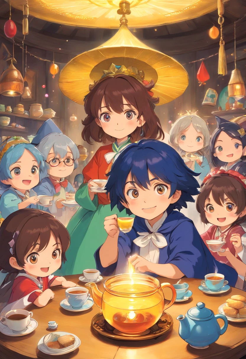 Masterpiece, best quality, wizard tea party, magic tea party, magic, chibi, handsome witches, highly detailed realistic eyes, happy, vibrant, colorful,