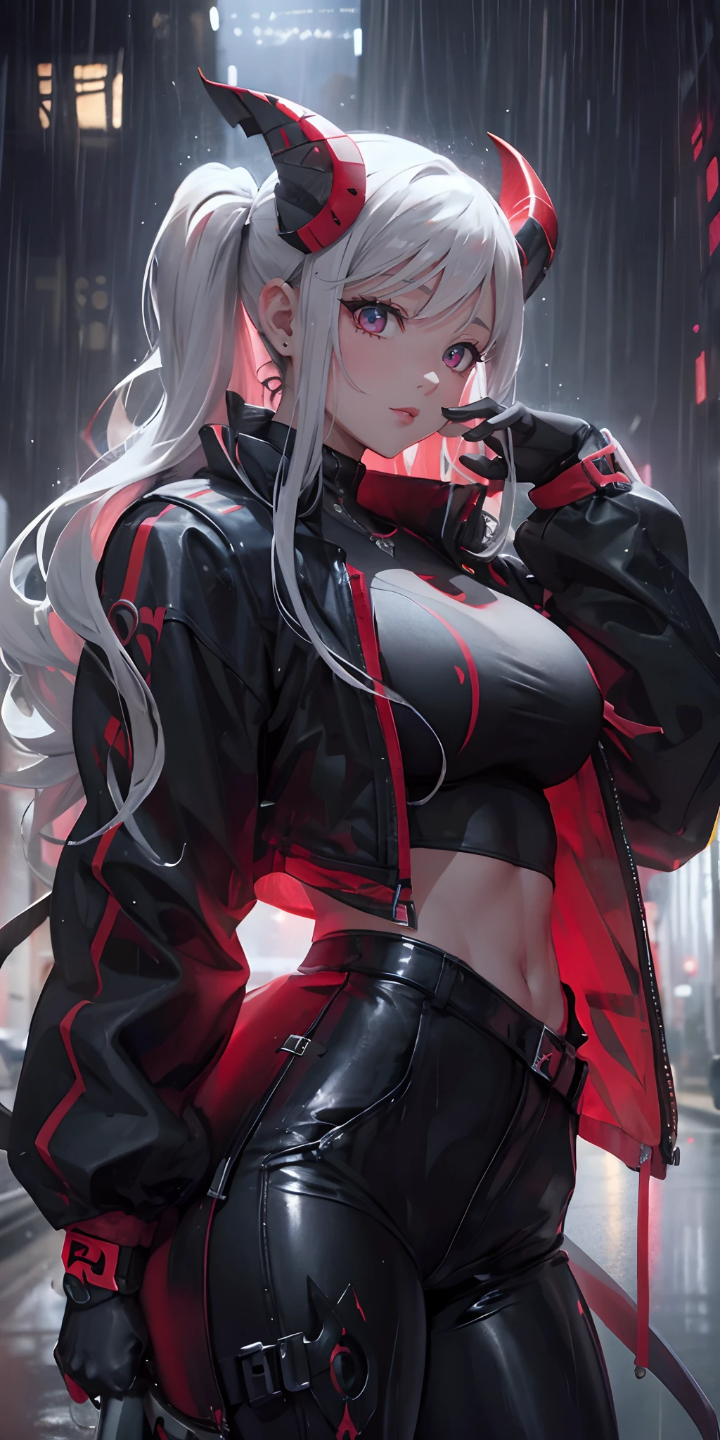 best quality, superbly attractive demon girl, slim thick build waifu, leather jacket, leather pants, huge breasts, slim waist, wide hips, thick thighs, futuristic ornaments, hyperdetailed future cityscape, in style of digital vector art, eye-catching composition, masterful art execution, vibrant, spellbinding, realism, uhd, sharp focus, perfect illustration