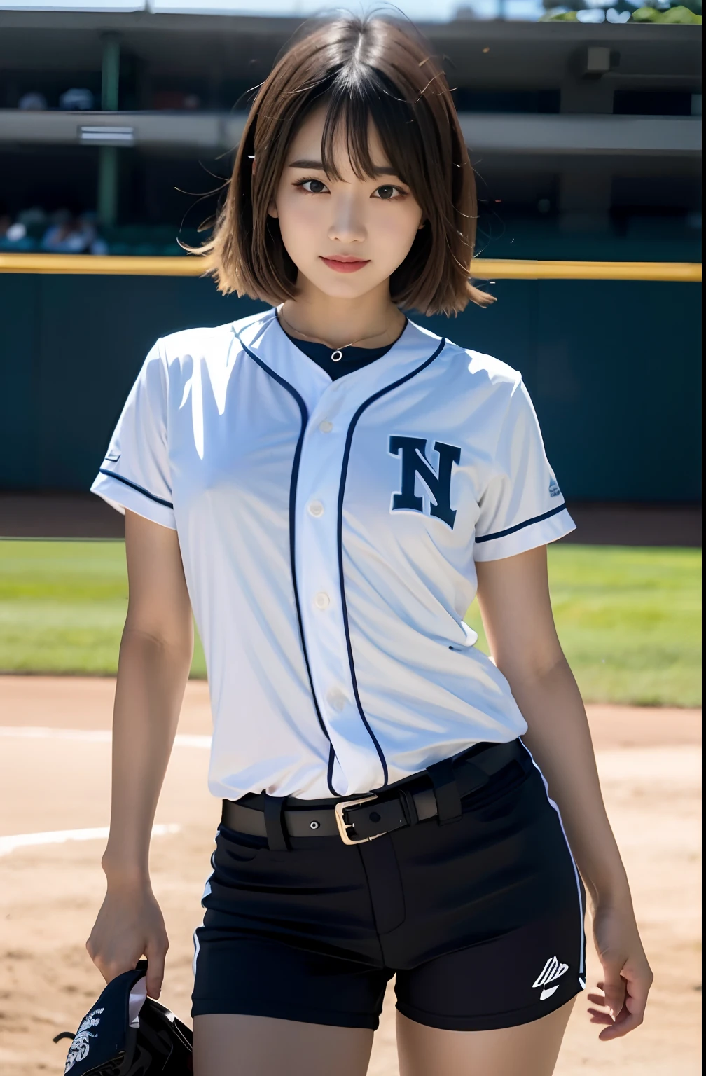 (8K, Raw photo, top-quality, masterpiece: 1.2), masterpiece, super detailing, Ultra-high decomposition energy A, (Realistic and realistic photos: 1.37), high-definition RAW color photography, Very delicate and beautiful., About Igree, 8K Wallpaper, astonishing, detaileds, extremely detailed eye, highlydetailed skin, extremely detailed fingers, highly detailed nose, highly detail mouth, perfect anatomia,1girll, (Baseball Uniforms), hazy, blured background, Blurred foreground, blush, braid, pectoral muscles, depth of fields, eyebrows visible through hair, Frild, hair between eye, Baseball Stadium, short pants、Short hair, Solo, Colossal tits、乃木坂アイドル、韓国アイドル、hposing Gravure Idol、 Star、18year old、tall、韓国アイドル、乃木坂アイドル、 Star、hposing Gravure Idol、((full body Esbian)), ((Gravure Pose))