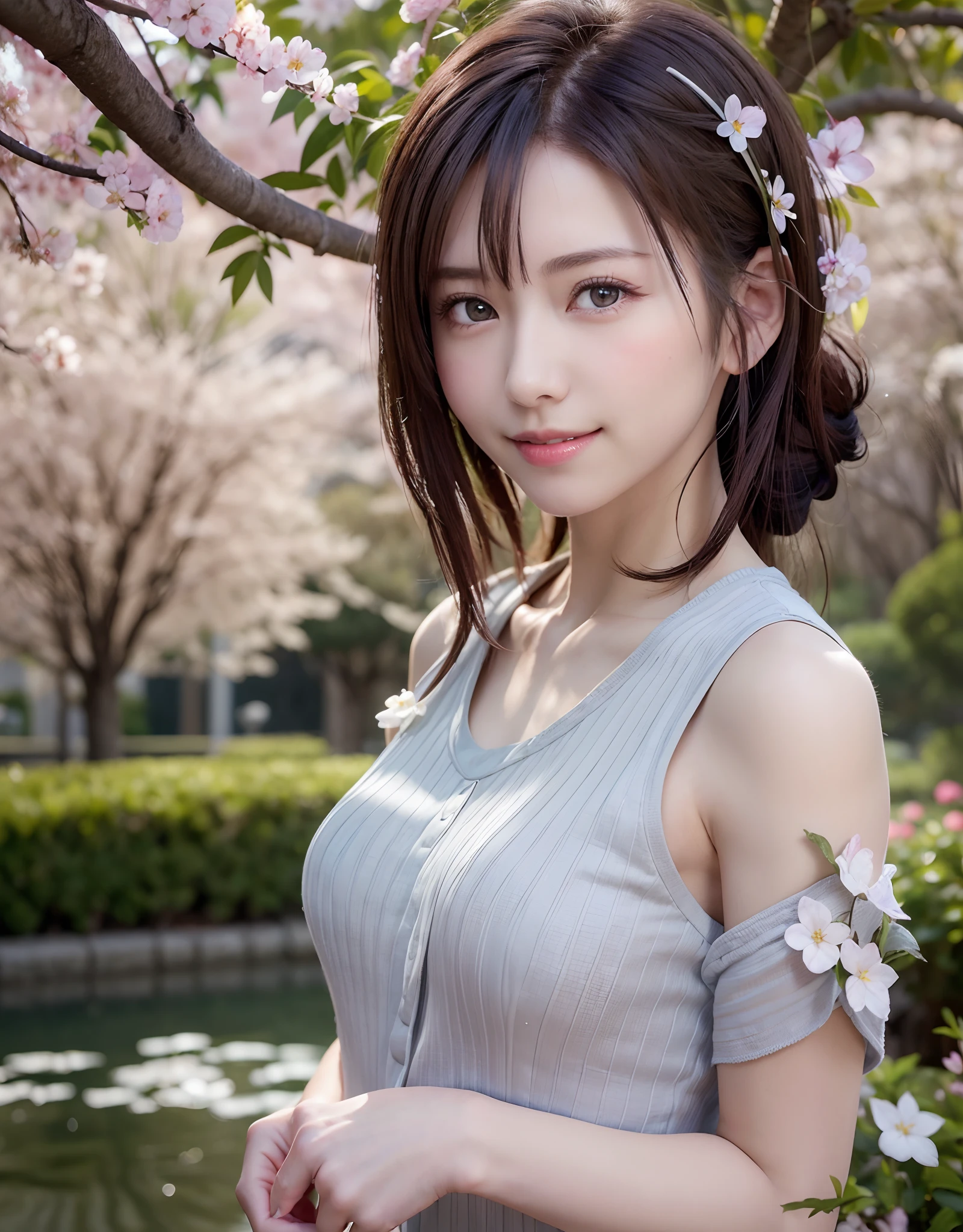 ((Best Quality)), ((masutepiece)), ((Realistic)), Girl with perfect beauty standing in calm Japan garden with cherry blossoms at eye level, Scenic, masutepiece, (hight resolution), Original, extremely detailed 8K , (Photorealistic:1.4),face perfect, Perfect eyes,symmetrica body shape,Smile,