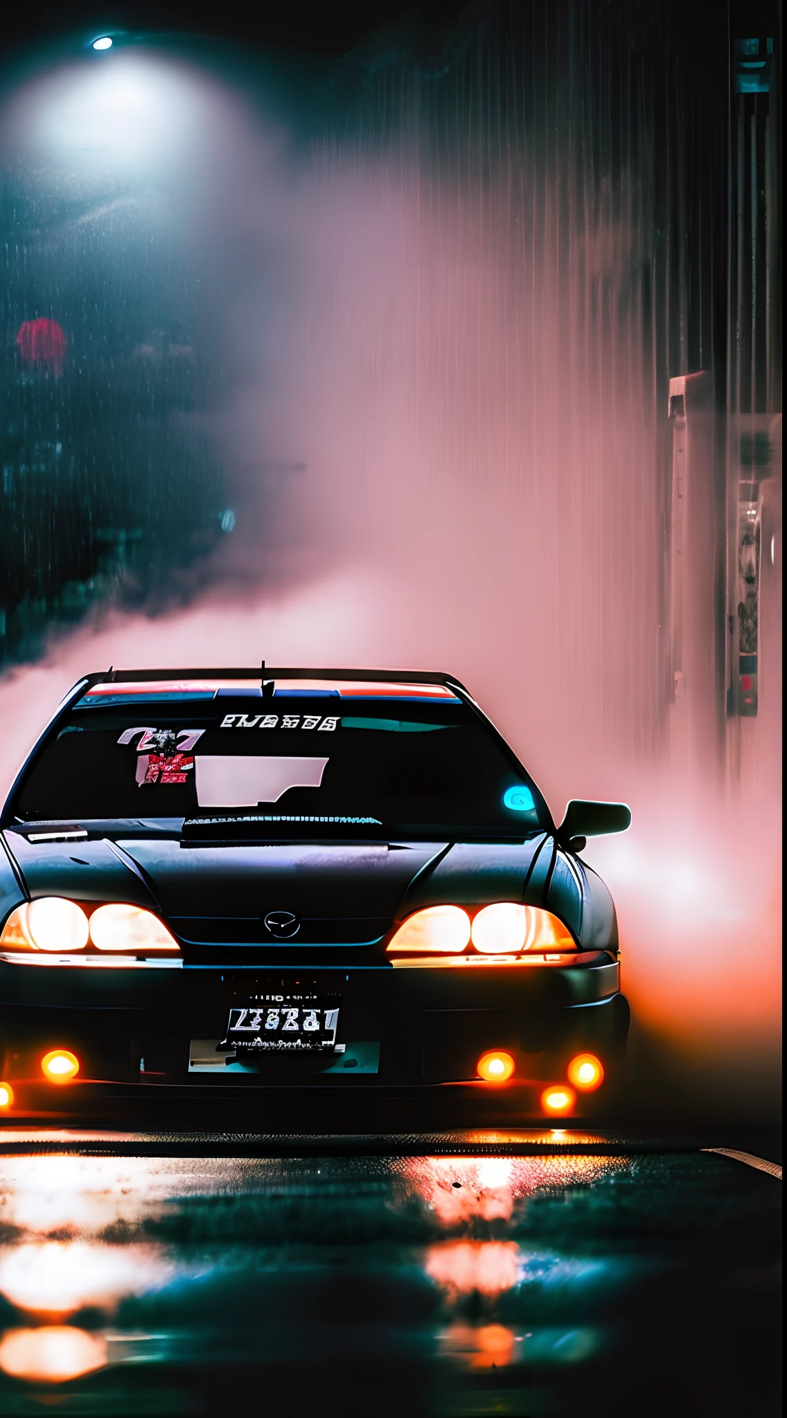 night, rain ,blue red lights one the streets, mazda rx7 fd3s, 4k, city, a little smoke on the street, best quality, Ultra-detailliert, realistisch,Meisterhafte Kunstfertigkeit, die sich in jedem Detail zeigt. cyberpunk, night, Neon-lit streets, Verfolgungsjagd mit der Polizei, Japanese drift cars, jdm,