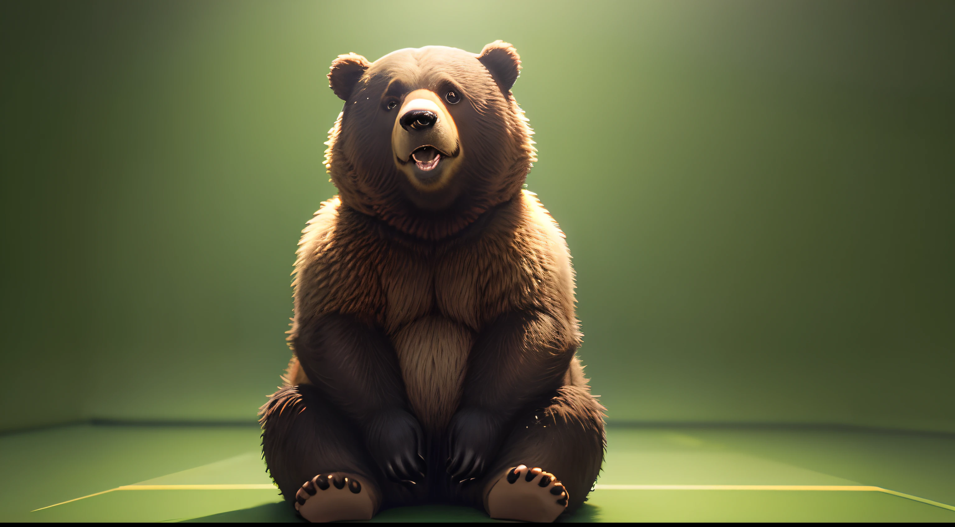 A funny and funny bear,Stupidly sit on the ground and sing,Behind is a green background plate