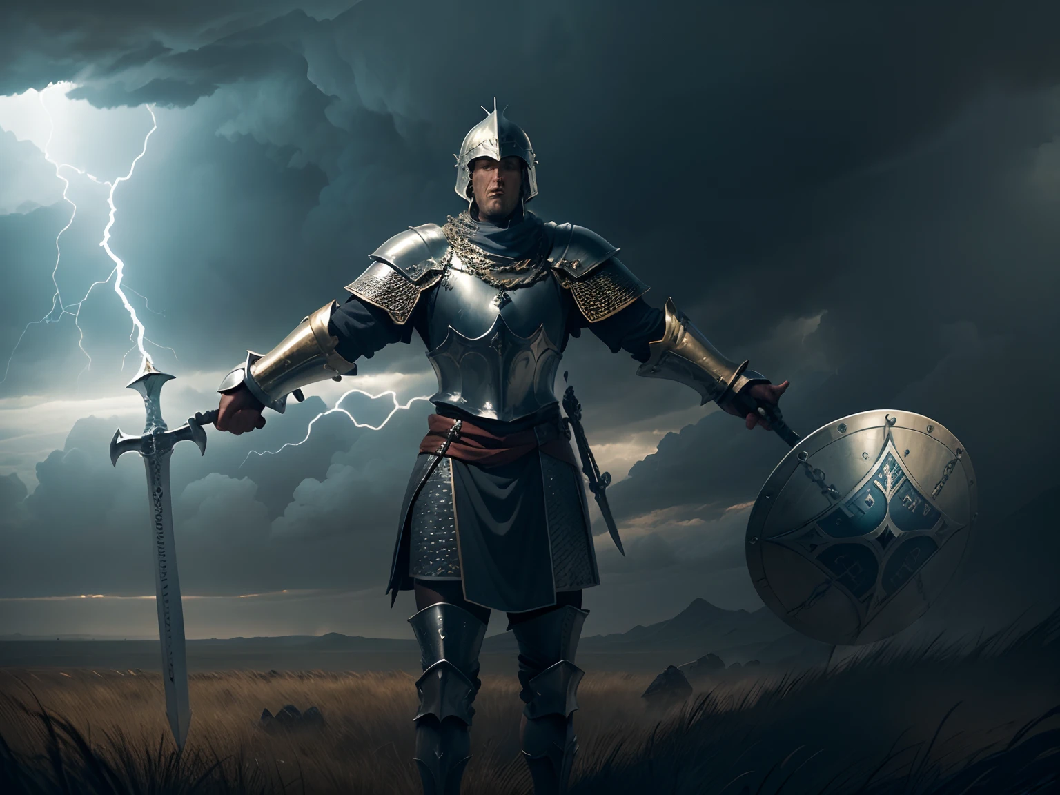 A fierce and noble English knight stands tall in the midst of a raging storm, his chainmail glinting in the lightning as he bravely defends his ruined castle. Rendered in stunning 24k resolution, every intricate detail of his shield and sword is brought to life, a symbol of his unwavering faith and courage.