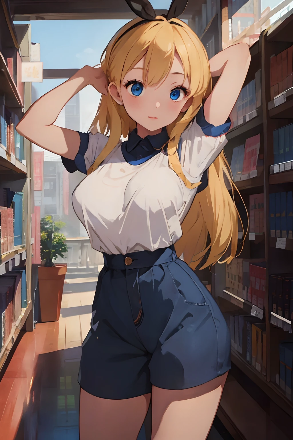(masterpiece、top-quality;1.3)、ighly detailed、1girl in、looking at the viewers、atlibrary、alice liddell、Black Hair Band、Blonde long hair、big breast beauty、bra very、Opening legs、I can see the pants、I can see my
