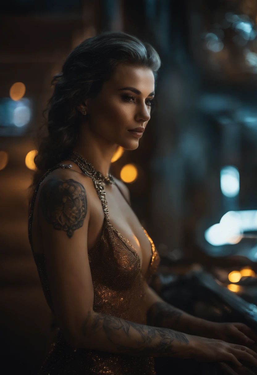 Retrato detalhado cyberpunk (sks mulher) (40 anos de idade sks mulher), Futurista Neon Reflexive Wear, scientific fiction, Robot Parts, Ismail Inceoglu Dragan Bibin Hans Thoma Greg Rutkowski Alexandros Pyromallis Nekro Rene Margitte Ilustrado, rosto perfeito, ((tatuagem)), (cabelos longos),, pele fosca, Poros, Rugas, hiperdetalhado, hiper-realista,, Moody Lighting, Hasselblad Award Winner, soft diffuse lighting, Sorriso,, machine face, detalhes finos, sombreado realista, intrincado, elegante,