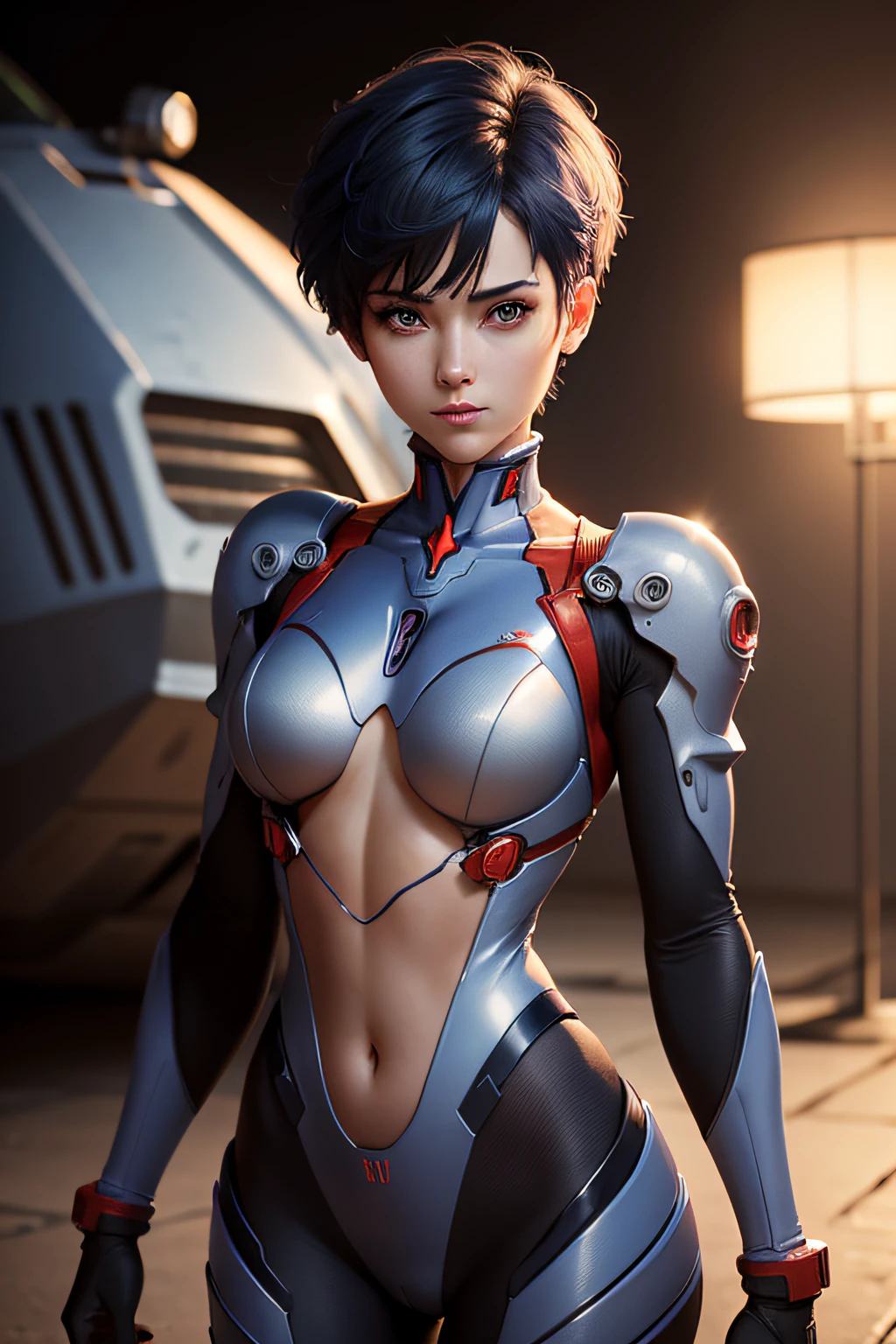a picture of lady, best quality face, realistic eyes, blue short hair, high quality evangelion suit, high quality body shape, realistic chest, quality light, best quality hair, quality shadow, 8k, detailed war background,