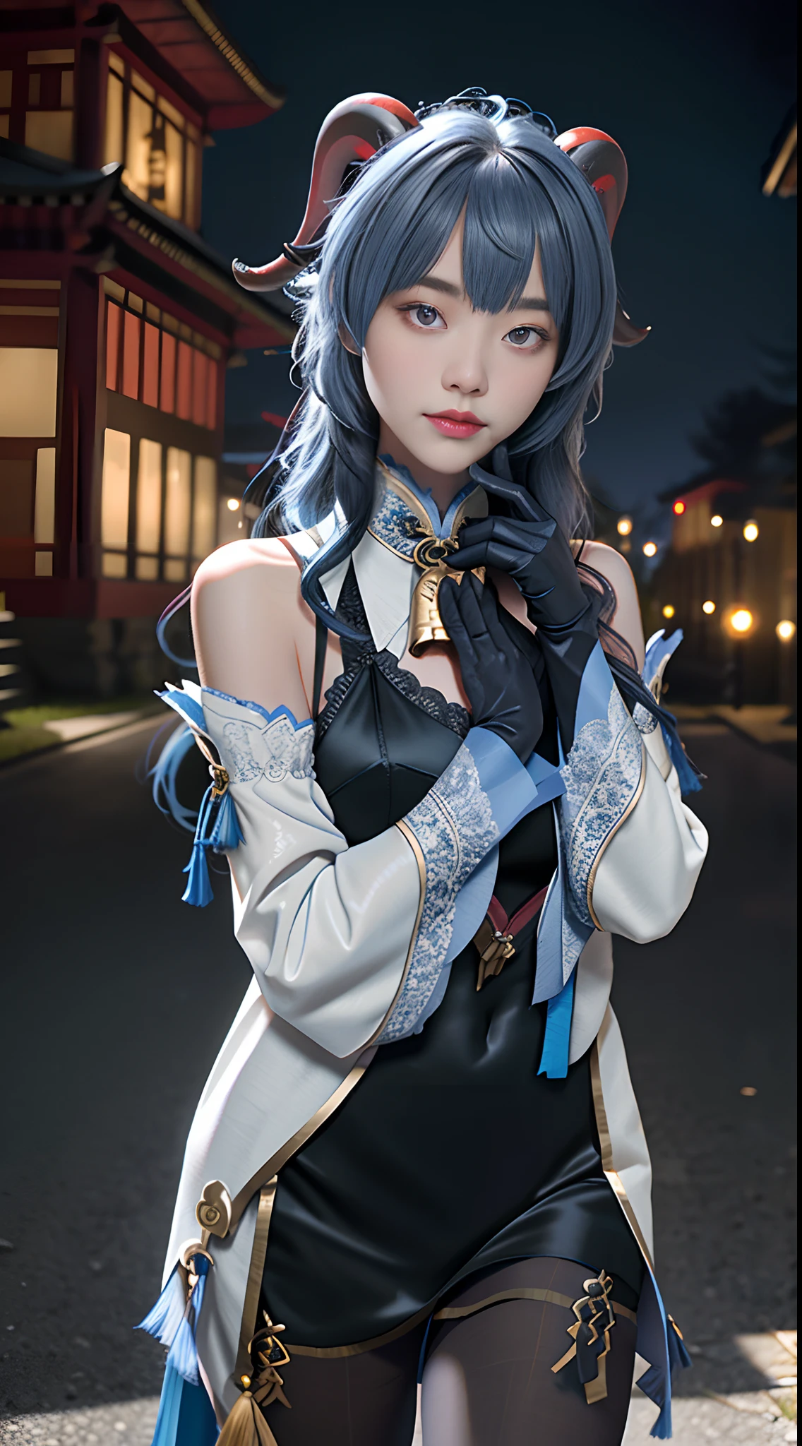Masterpiece, (Photorealistic:1.5), Best quality, Beautiful lighting, Real life, Ganyu \(Genshin Impact\), 1girll, ahoge, architecture, bangs, Bare shoulders, bell, Black gloves, Black pantyhose,eyes beautiful, (Blue hair), Blush, Breasts, Chinese knot, Detached sleeves, east asian architecture, flower knot, mitts, Horns, Long hair, view the viewer, Medium breasts, Neckbells, Night, Outdoors, Pantyhose, Purple eyes, side locks, Solo, nipple tassels, White sleeves, (Ulzzang-6500:0.5) , Intricate, High detail, Sharp focus, Dramatic, Beautiful girl , (RAW photo, 8K UHD, filmgrain), Caustics, Subsurface scattering, Pondering ,