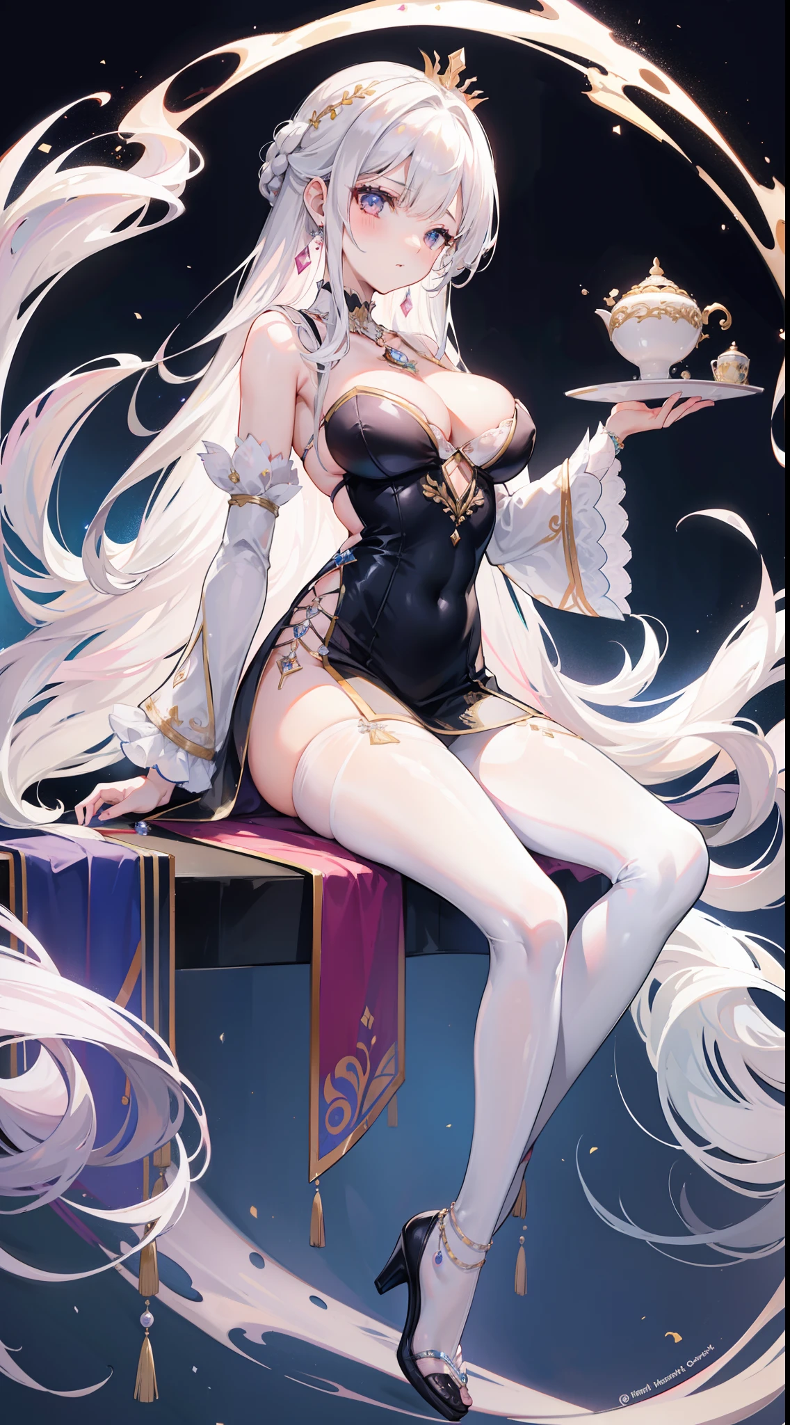 french braid,比基尼,Ice Princess,tightsuit,比基尼,Erotic lingerie,Mare's nest,Underarms,Phoenix Guanxia,A crown full of precious stones,black pantyhoses,a beauty girl,nobles,Noble etiquette,Banquet,Banquet for nobility,White-haired girl,long white hair,curlies,Pink lips,choker necklace,耳Nipple Ring,Gorgeous dress,evening formal robes,Low-cut skirt,Bandeau dress,sapphires,black pantyhoses,high-heels,Exquisite background,HighestQuali
