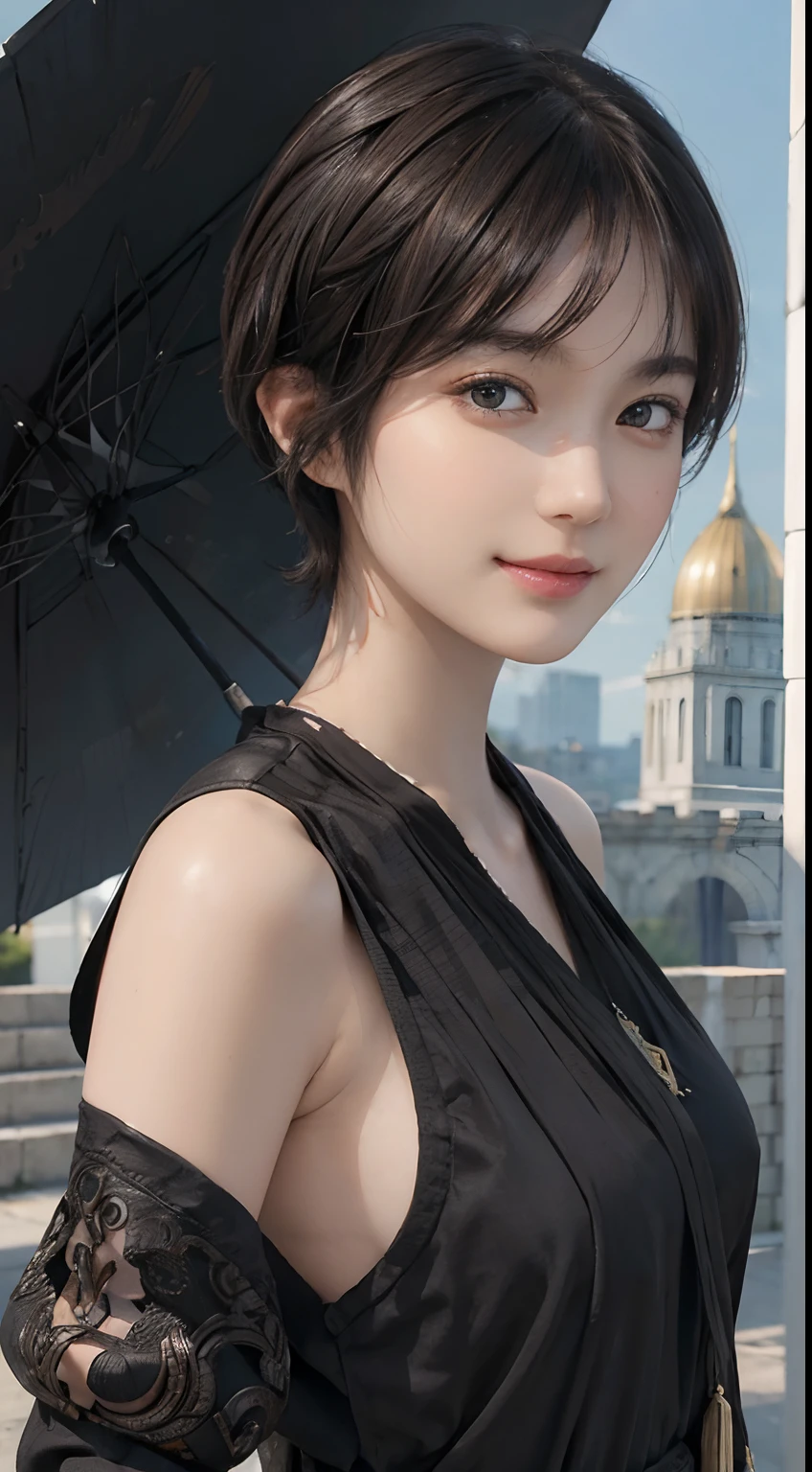 (((Black-short-hair))), Skyland Temple, Pose Seductive, (A hyper-realistic), (Illustration), (Increased resolution), (8K), (Extremely detailed), (Best Illustration), (Beautiful and detailed eyes), (Best Quality), (ultra-detailliert), (masutepiece ), ( Wallpaper), (Detailed face), Solo, 1 girl, Fine details, Detailed face, Deep Shadows, lowkey, pureerosfaceace_v1, Smiling, 46 point slanted bangs