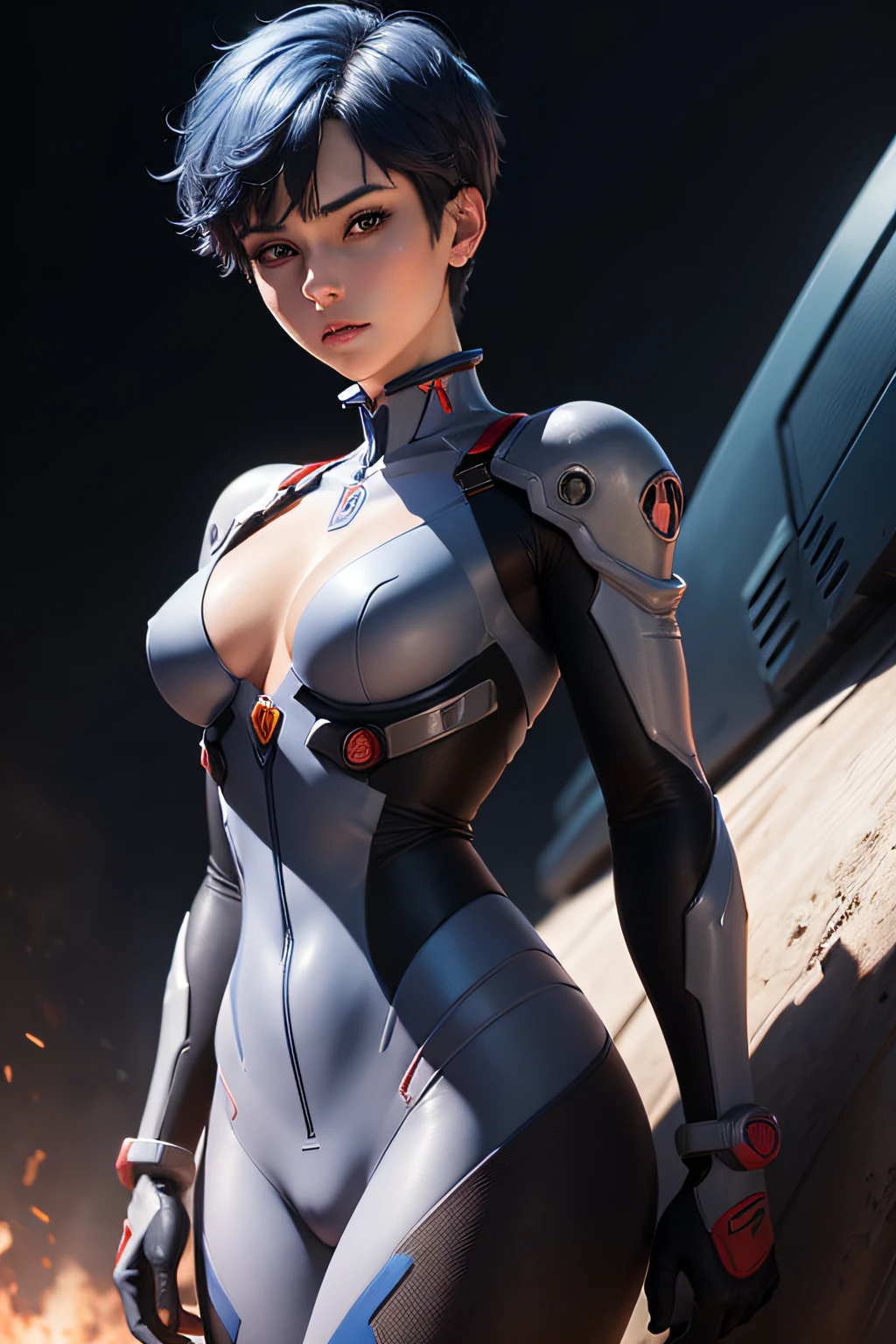 a picture of lady, best quality face, realistic eyes, blue short hair, high quality evangelion suit, high quality body shape, realistic chest, quality light, best quality hair, quality shadow, 8k, detailed war background,