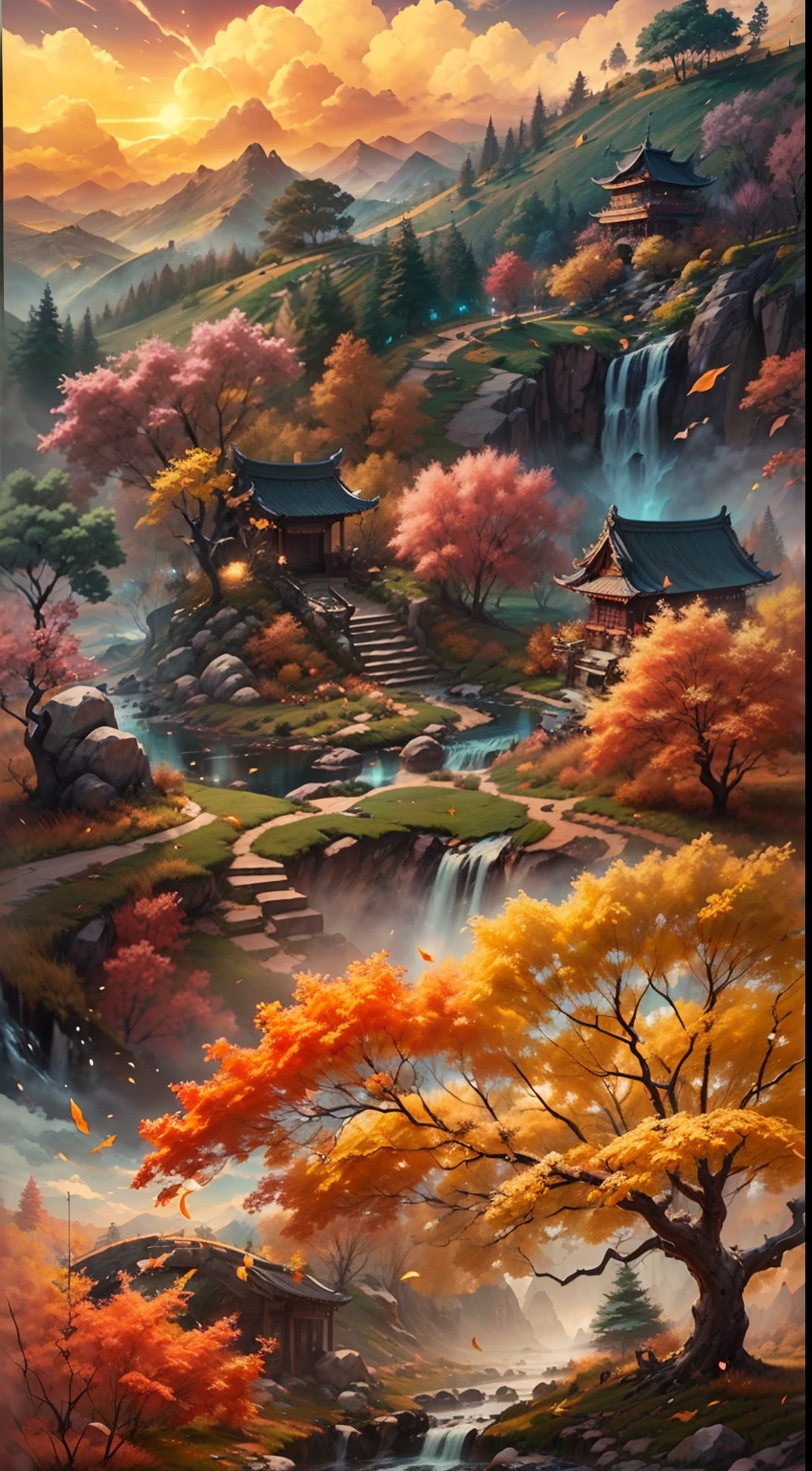 （Small bridges and flowing water，Ancient road west wind thin horse，Sunset，Broken intestines are at the end of the world）（Ancient trails lead into the distance），（A small arch bridge spans a small river:1.1)，(The river meanders into the distance），（The sky is windy，Fluttering yellow leaves），（A skinny white horse is pacing:1.1），（The vista is an oblique view of the sunset），（The afterglow of the setting sun shines through the clouds），（Autumn tones），（Ancient Chinese feng shui landscape painting style），（Masterpiece），（A complete painting），（Extremely detailed picture），（light and shadow effect），（Movie lighting），（cinema4d），（Light particle tracing），（rendering by octane），（Unreal 5），（Layered artistic effects），（Best Painting），（Master painting），（8K分辨率），photorealestic，realisticlying