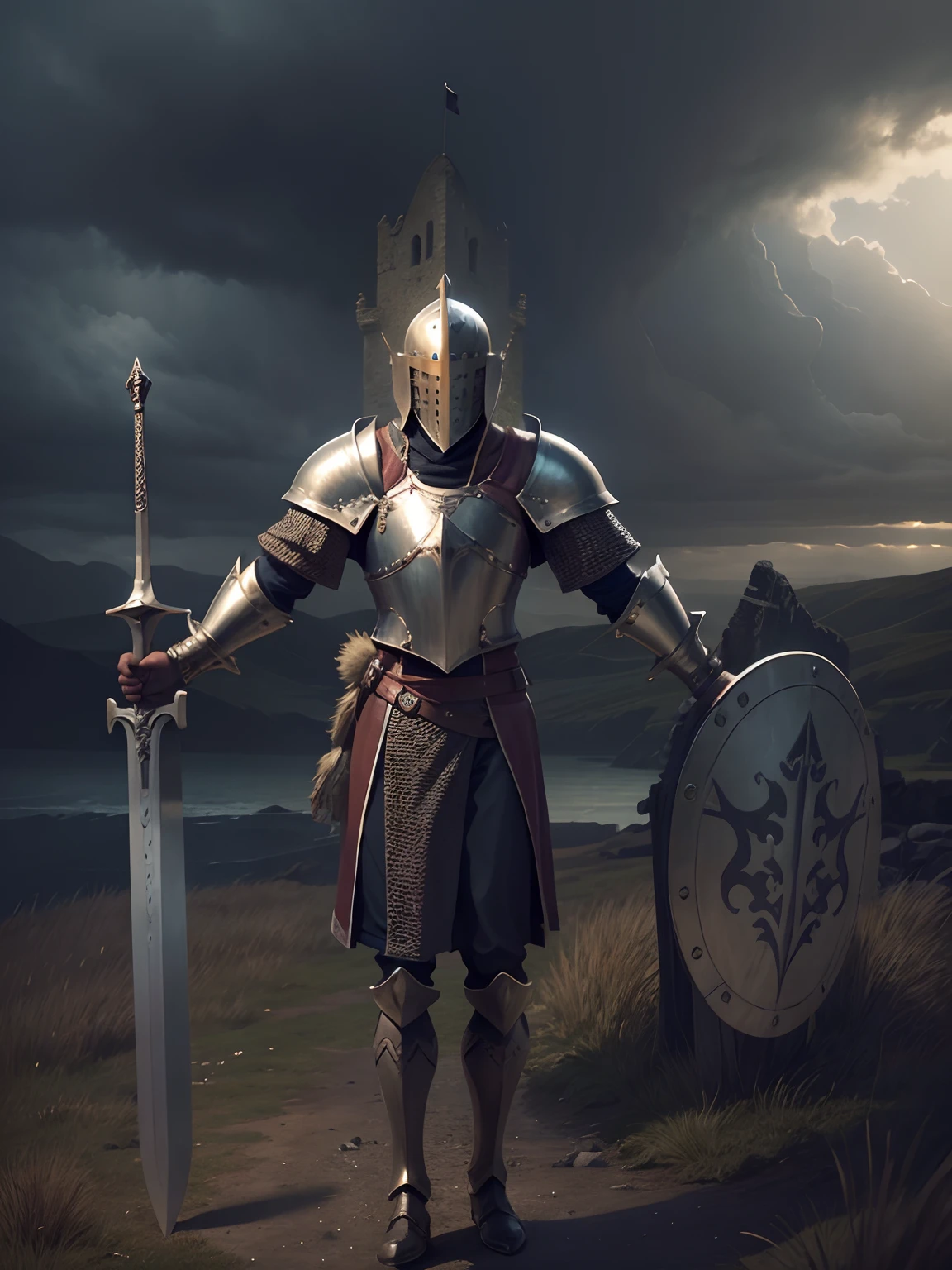 Great Handsome English Knight, Christian, chainmail, ruined castle in background, stormy weather, long shot, full body shot, wielding shield and sword, rendered in 24k resolution with intricate details and symbols.