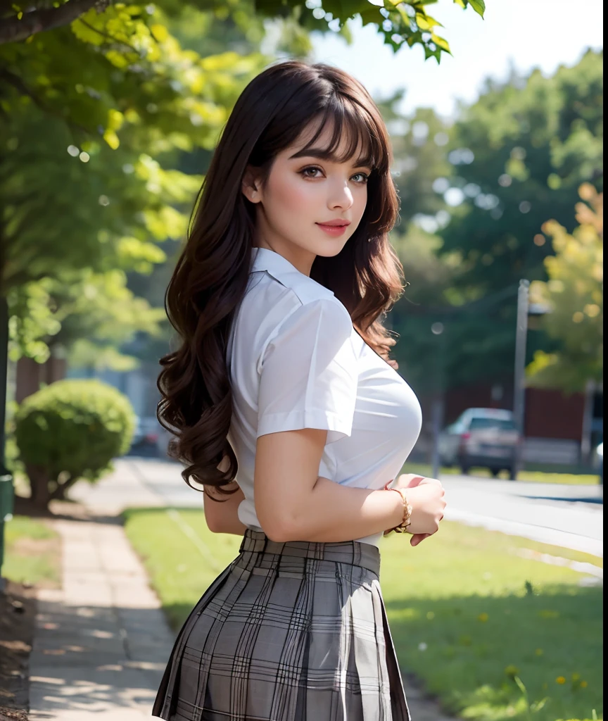 nsfw, 8K raw photo, Best quality, masterpiece, ultra high res, film grain, filmg, 1girl, looking at viewer, natural skin texture, realistic eye and face details, full lips, lipstick, (makeup), red eyeshadow, fluffy long hair, messy hair, smile, close mouth, beautiful legs, tall female, skinny, slim_legs, solo, enormous breast, cleavage, Pose with buttocks facing you, ultra short skirt, ass, shirt, beautiful nature location, around flower location, (detailed background), plaid skirt, white shirt, enormous breast, cleavage, Show a little cleavage through the shirt, loafers, blurry background, blurry, holding, plaid, short sleeves, jk ribbon on the neck, jk ribbon, brown hair, bracelet, water, bangs, school uniform, jewelry, parted lips, lips, from side, pleated skirt, depth of field