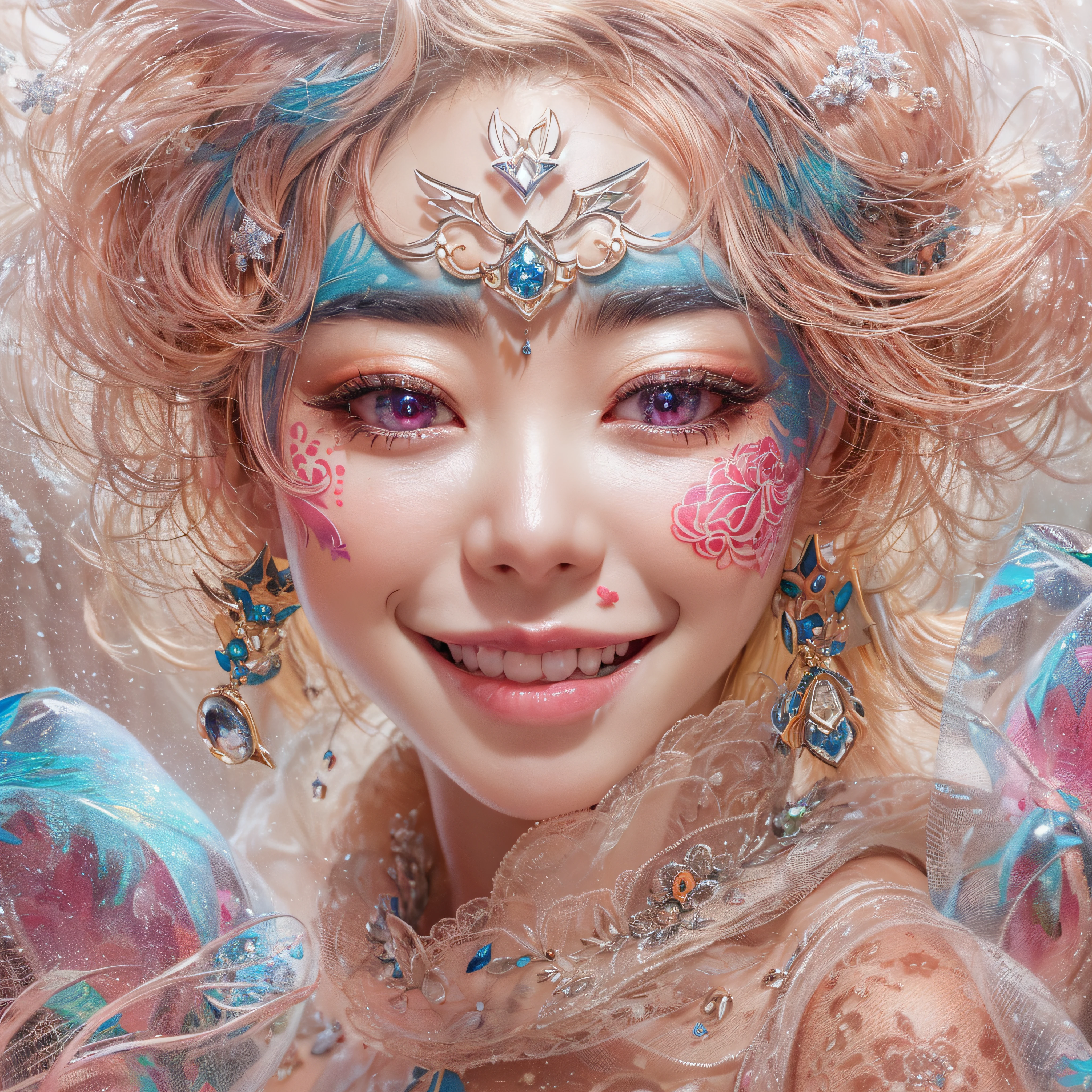 A lot of pink tattoos、Close-up of laughing face、Designer、super model、Pink tattoo makeup、Glossy lips、Shining eyes、(realisitic、hight resolution)、(1 girl in)、Do-Up Eye、Korean Girl、(Best Quality), (masutepiece), (1girl in), Solo, a beauty girl, Perfect face, dreamlikeart、Highly detailed airbrush art((Surreal))、Volumetric lighting、(top-quality)、The ultra-detailliert、Highly detailed colorful details、(Bright lighting)、dynamic compositions、Ray traching、The mirror reflects light、Shallow depth of field、ultra-detailliert、mixing  exposure、nffsw、Pink tattoo、Pink tattoo、Her eyes are glowing pink、Her face is full of anticipation and courage for adventure.、A smile comes to her lips、An air full of smiles and adventurous spirit、Powder snow is falling on the snowy mountains at the rear。Its light brings the light of powder snow、Swaying powder snow creates a beautiful scenery..。Her courage and determination are condensed.、Eye-catching presence。Her eyes are shining。Powder snow、Powder snow
