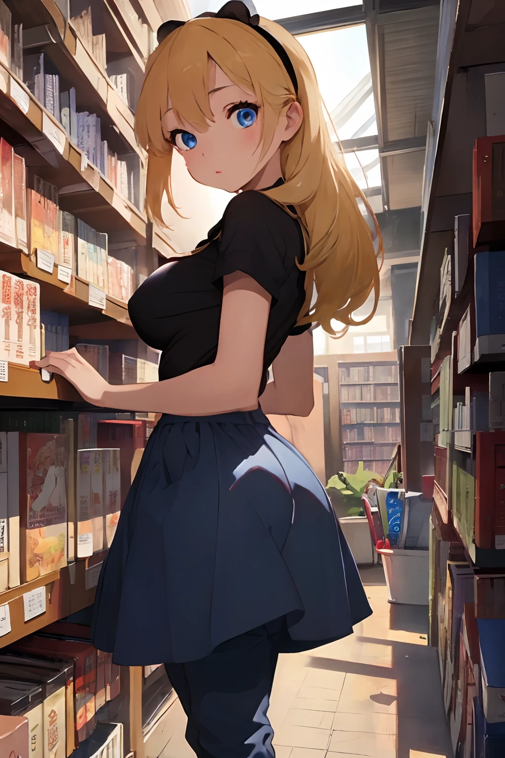 (masterpiece、top-quality;1.3)、ighly detailed、1girl in、looking at the viewers、atlibrary、alice liddell、Black Hair Band、Blonde long hair、big breast beauty、bra very、Opening legs、I can see the pants、I can see my