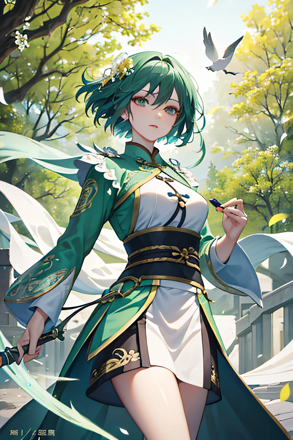 A cultivator with green hair in a bob, fair skin, fancy yellow and black robes with three layers, a dagger as a weapon, female gender, and the name Lin Yue (best quality, 4k, highres, masterpiece:1.2), ultra-detailed, (realistic, photorealistic, photo-realistic:1.37), vivid colors, medium: oil painting, detailed eyes, detailed lips, long eyelashes, confident expression, standing in a serene garden surrounded by blooming flowers, sunlight casting a warm glow on the scene, a gentle breeze rustling the leaves, the sound of birds chirping in the background, Lin Yue's hair flowing gracefully in the wind, intricate patterns and embroidery on her robes, a sense of elegance and power emanating from her presence, a subtle aura of magic surrounding her, the dagger in her hand reflecting the light, hinting at her martial prowess, her eyes sparkling with determination and wisdom, the name "Lin Yue" written in elegant calligraphy at the bottom of the painting, harmonious color palette of greens, yellows, and blacks, an enchanting atmosphere that transports the viewer into a mystical world.