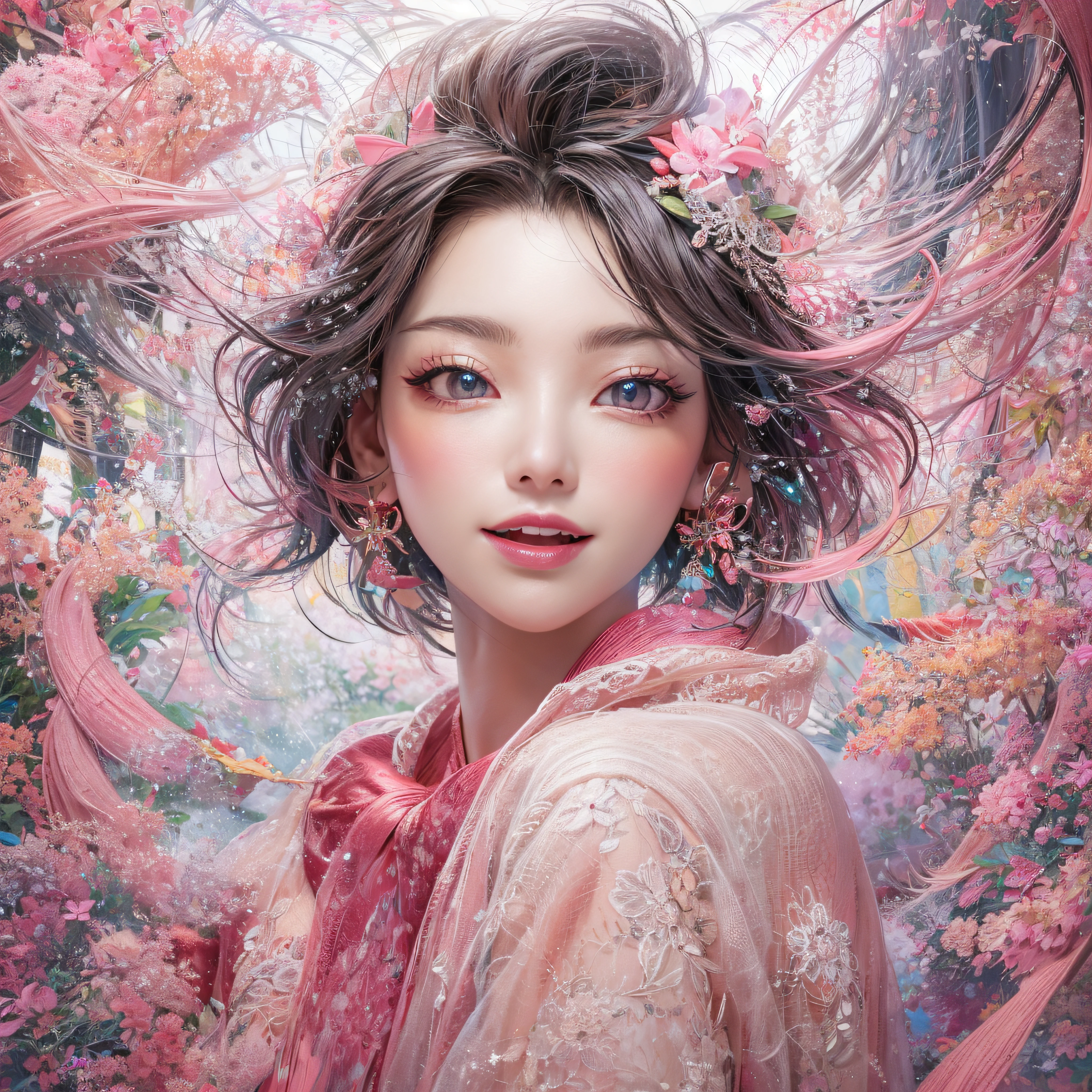 A lot of pink tattoos、Close-up of laughing face、Designer、super model、Pink tattoo makeup、Glossy lips、Shining eyes、(realisitic、hight resolution)、(1 girl in)、Do-Up Eye、Korean Girl、(Best Quality), (masutepiece), (1girl in), Solo, a beauty girl, Perfect face, dreamlikeart、Highly detailed airbrush art((Surreal))、Volumetric lighting、(top-quality)、The ultra-detailliert、Highly detailed colorful details、(Bright lighting)、dynamic compositions、Ray traching、The mirror reflects light、Shallow depth of field、ultra-detailliert、mixing exposure、nffsw、Pink tattoo、Pink tattoo、Her eyes are glowing pink、Her face is full of anticipation and courage for adventure.、A smile comes to her lips、An air full of smiles and adventurous spirit、Powder snow is falling on the snowy mountains at the rear。Its light brings the light of powder snow、Swaying powder snow creates a beautiful scenery..。Her courage and determination are condensed.、Eye-catching presence。Her eyes are shining。Powder snow、Powder snow