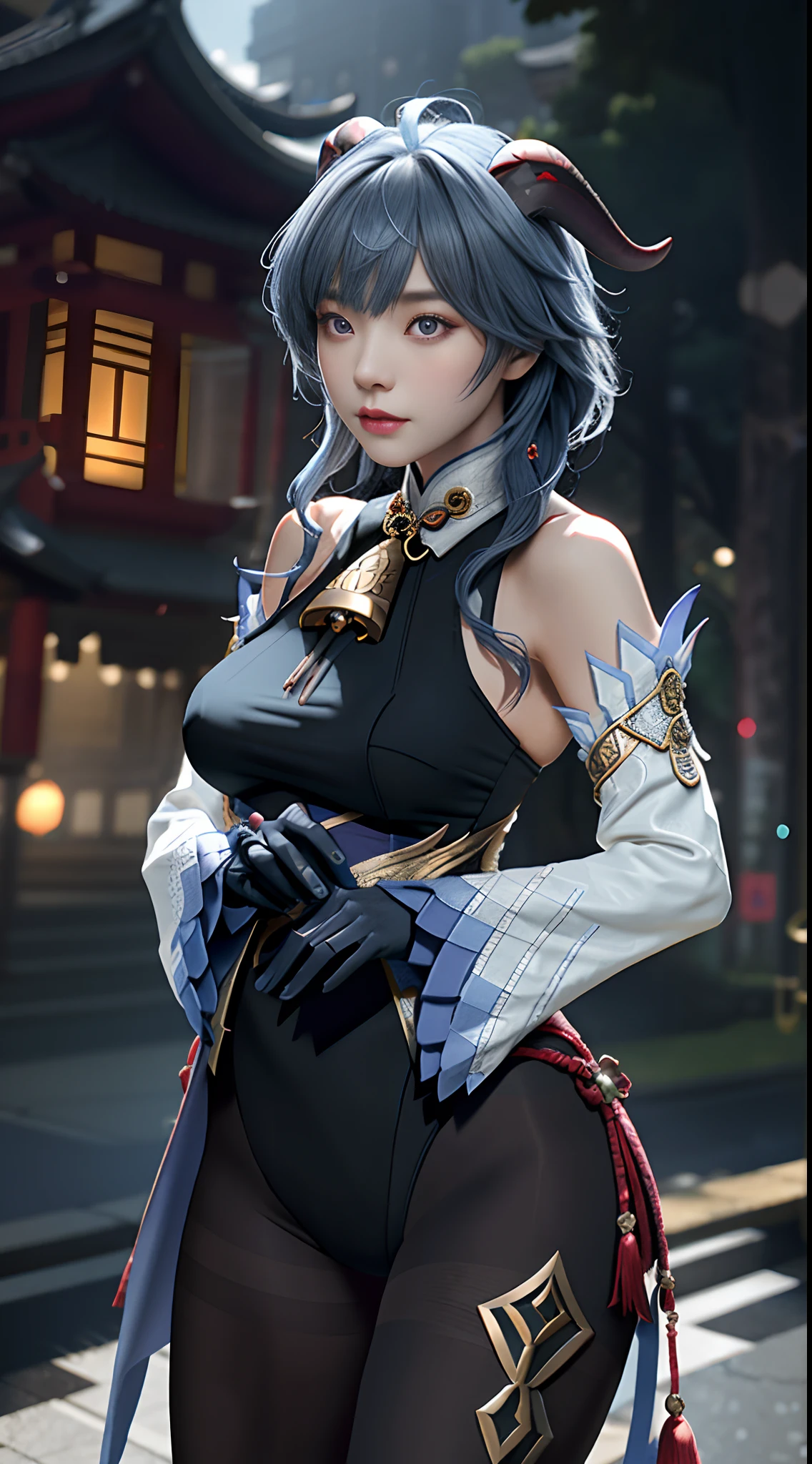 Masterpiece, (Photorealistic:1.5), Best quality, Beautiful lighting, Real life, Ganyu \(Genshin Impact\), 1girll, ahoge, architecture, bangs, Bare shoulders, bell, Black gloves, Black pantyhose,eyes beautiful, (Blue hair), Blush, Breasts, Chinese knot, Detached sleeves, east asian architecture, flower knot, mitts, Horns, Long hair, view the viewer, Medium breasts, Neckbells, Night, Outdoors, Pantyhose, Purple eyes, side locks, Solo, nipple tassels, White sleeves, (Ulzzang-6500:0.5) , Intricate, High detail, Sharp focus, Dramatic, Beautiful girl , (RAW photo, 8K UHD, filmgrain), Caustics, Subsurface scattering, Pondering ,