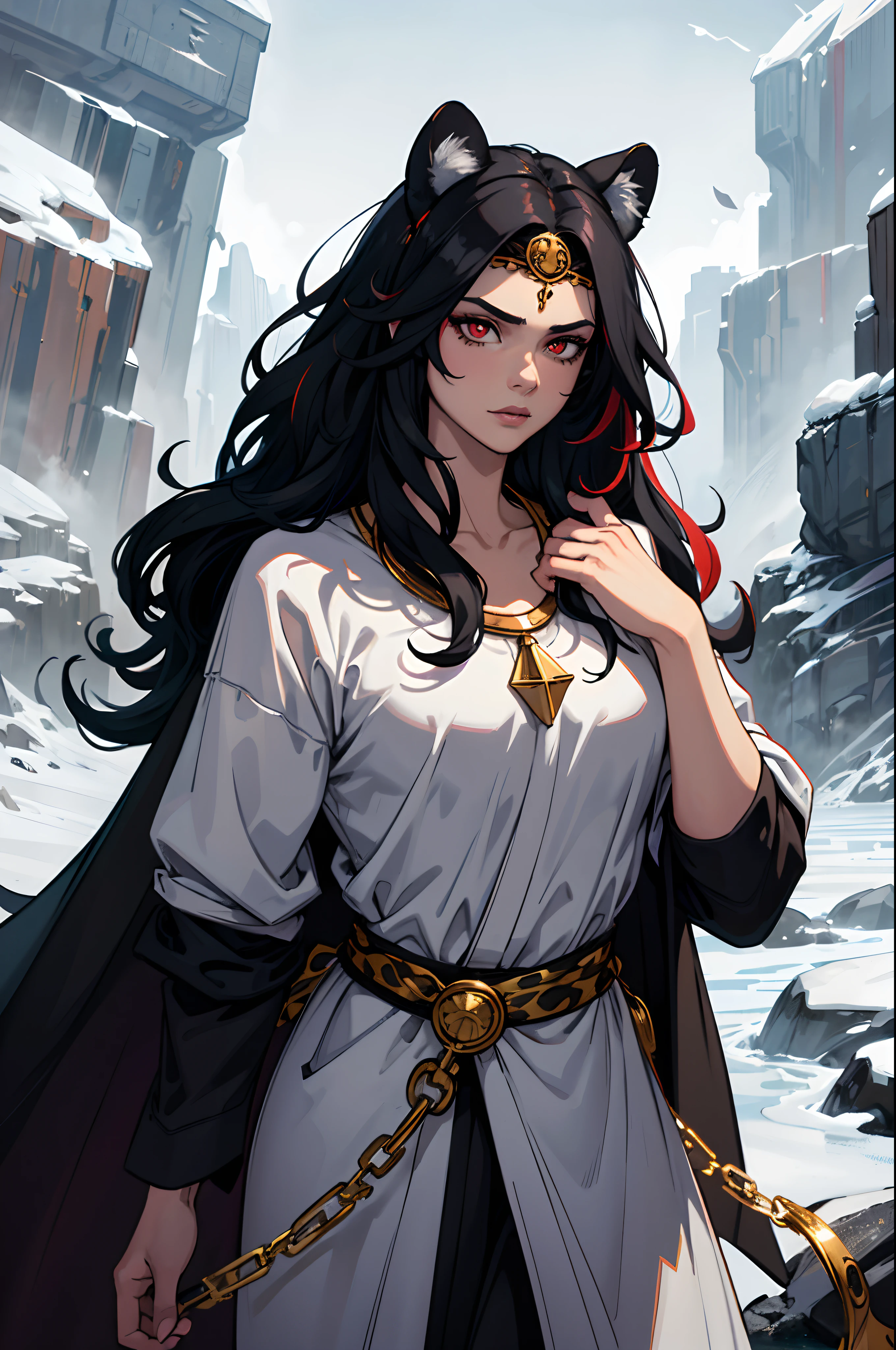 (masterpiece, best quality:1.2),1man, upper body, tail, large tail, black hair, very long hair, wavy hair, red eyes, detailed eyes, multicolored hair, circlet, bead necklace, animal ears, leopard ears, black cape, white attire, , pelvic curtain, snowy, snowy mountains, blizzard, volumetric lighting, subsurface scattering, cinematic lighting, chiaroscuro, floating hair, hand on own chest, mature look, human ears covered by hair, black beard. male